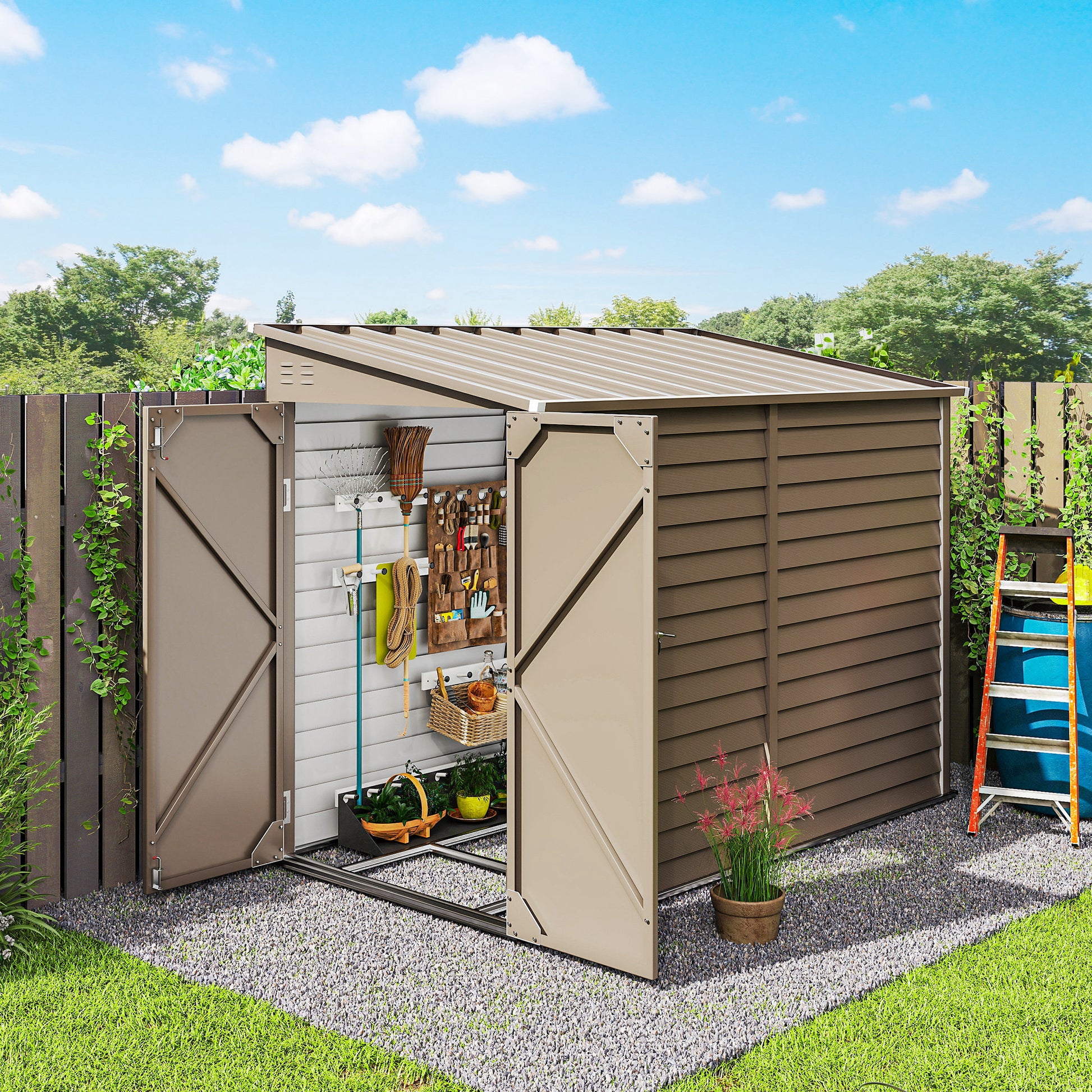 4.6' x 9' Metal Outdoor Lean-to Storage Shed - Brown-Patio & Garden > Lawn & Garden > Sheds-DECOROLALA