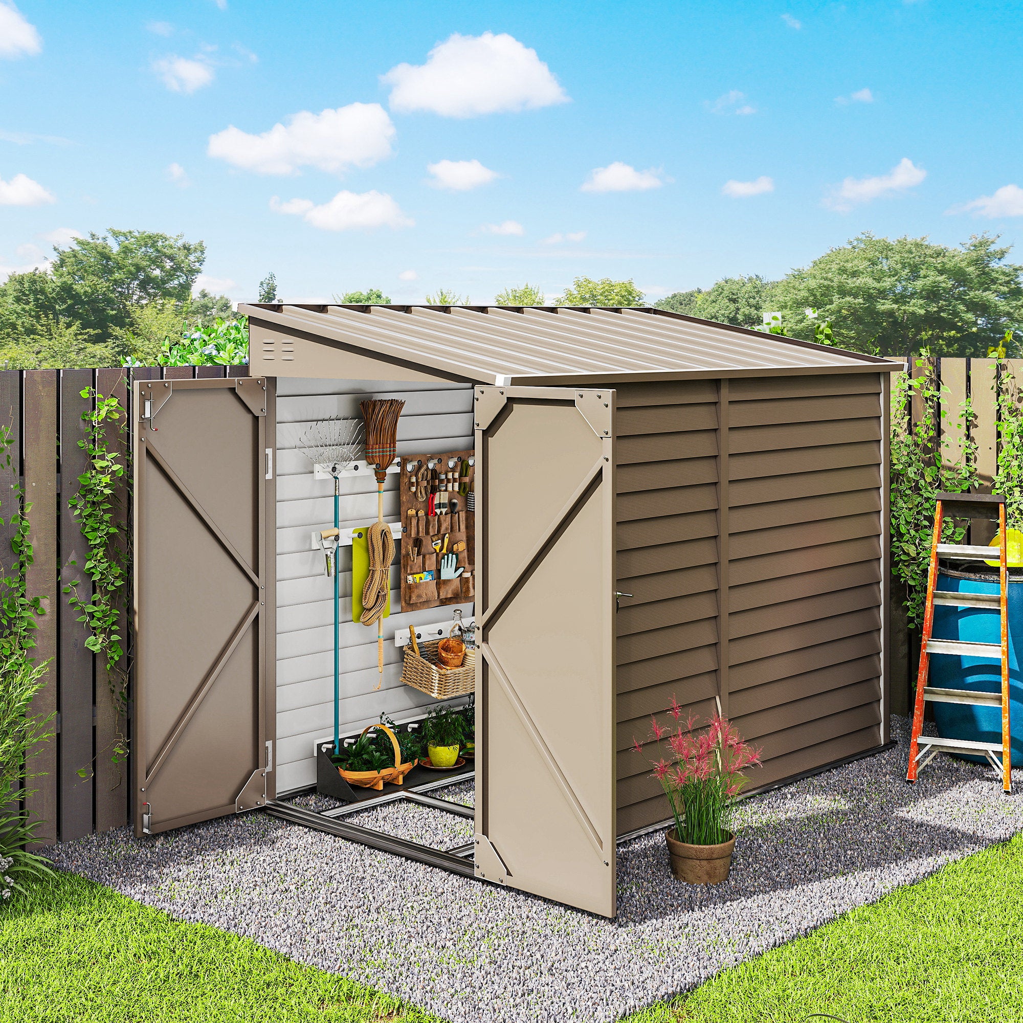 4.6' x 9' Metal Outdoor Lean-to Storage Shed - Brown-Patio & Garden > Lawn & Garden > Sheds-DECOROLALA