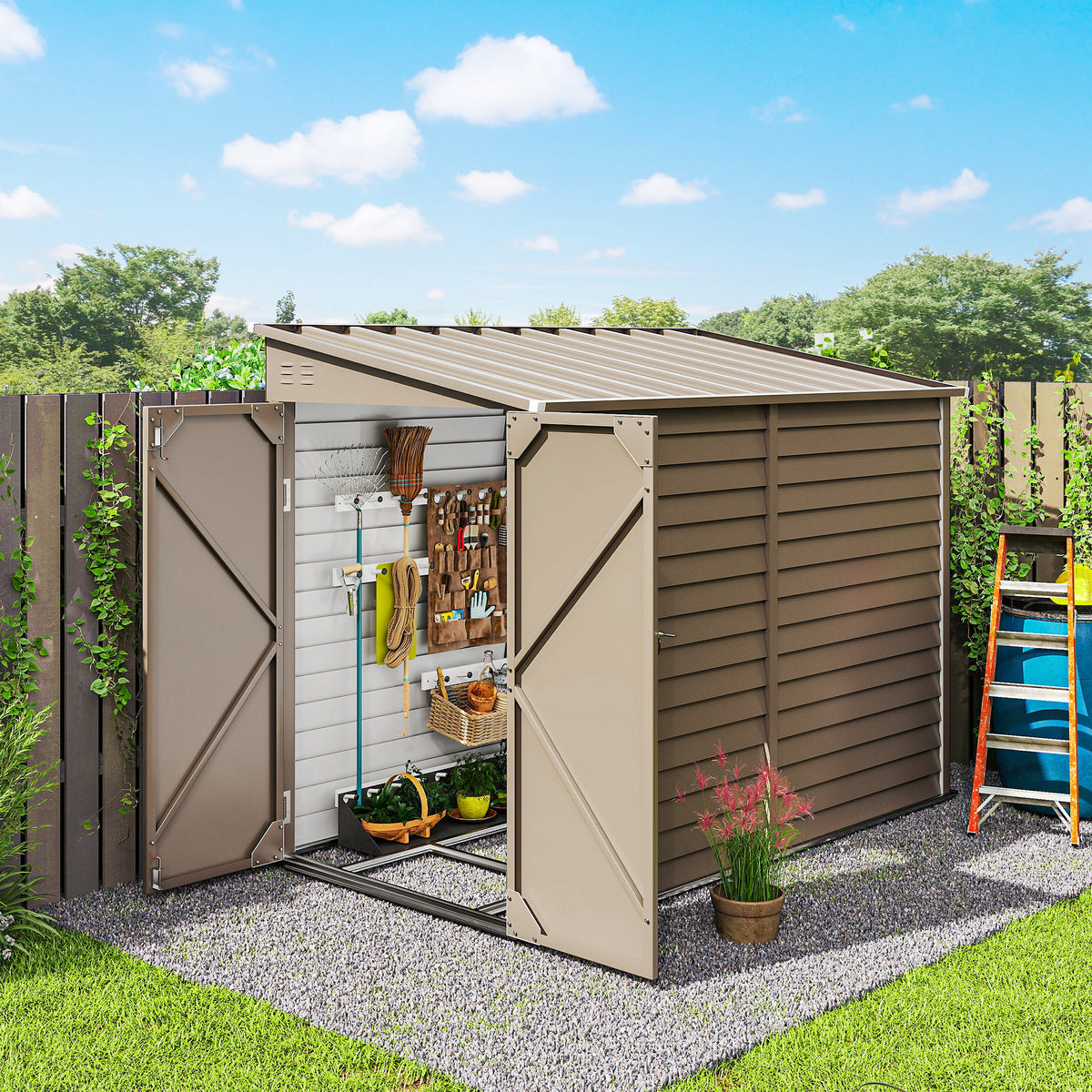 4.6' x 9' Metal Outdoor Lean-to Storage Shed - Brown-Patio & Garden > Lawn & Garden > Sheds-DECOROLALA