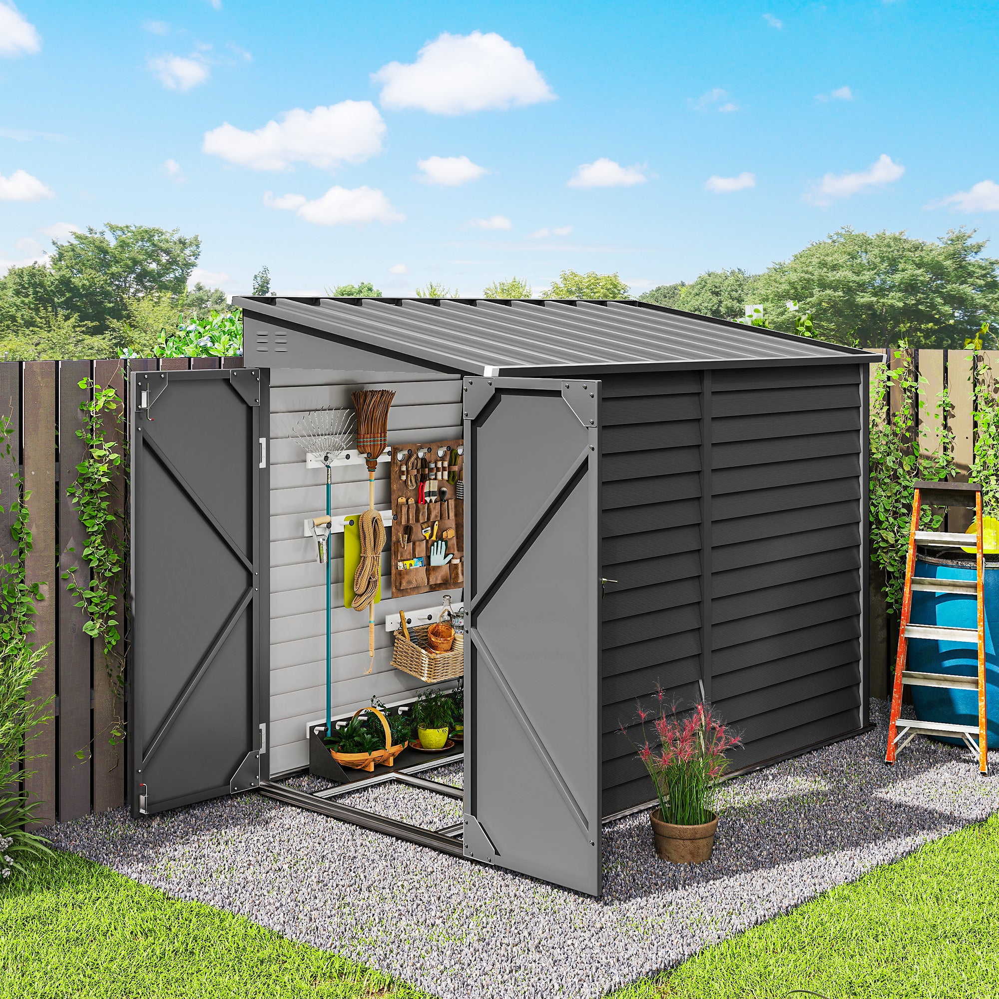 4.6' x 9' Steel Outdoor Lean-to Storage Shed - Dark Grey-Patio & Garden > Lawn & Garden > Sheds-DECOROLALA