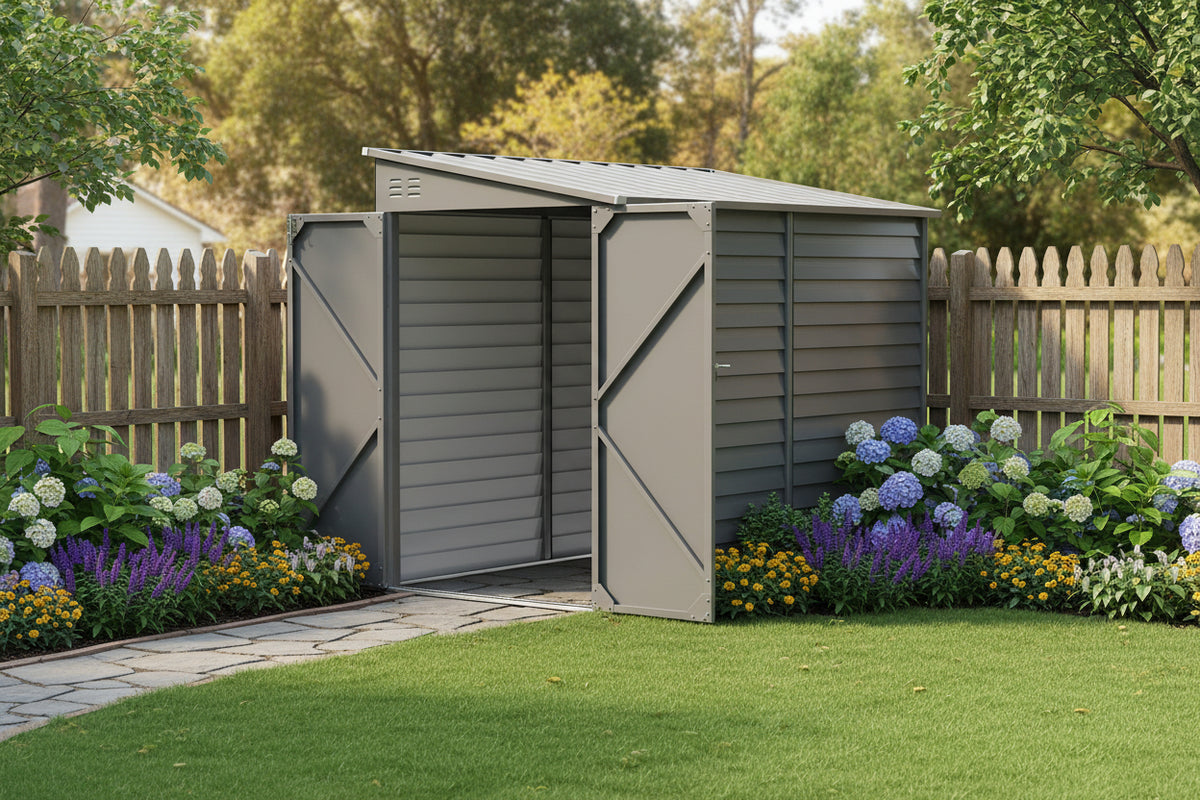 4.6' x 9' Steel Outdoor Lean-to Storage Shed with Foundation - Grey-Patio & Garden > Lawn & Garden > Sheds-DECOROLALA