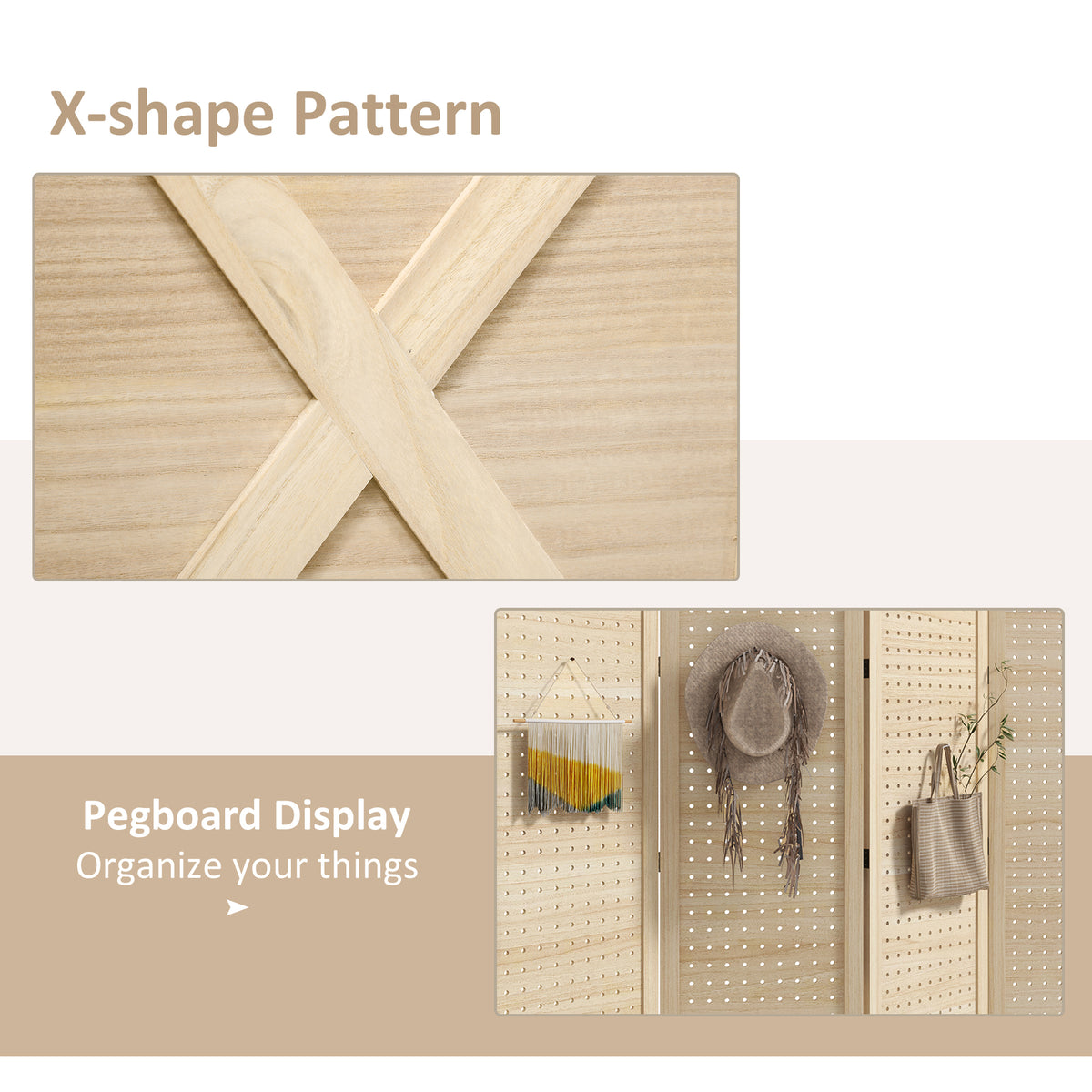 4.7' 4 Panel Wooden Room Divider with Pegboard - Natural-Home Furnishings > Living Room Furniture > Room Dividers-DECOROLALA