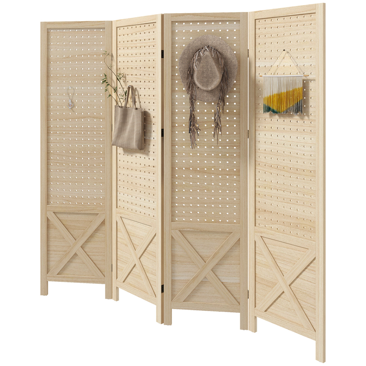 4.7' 4 Panel Wooden Room Divider with Pegboard - Natural-Home Furnishings > Living Room Furniture > Room Dividers-DECOROLALA