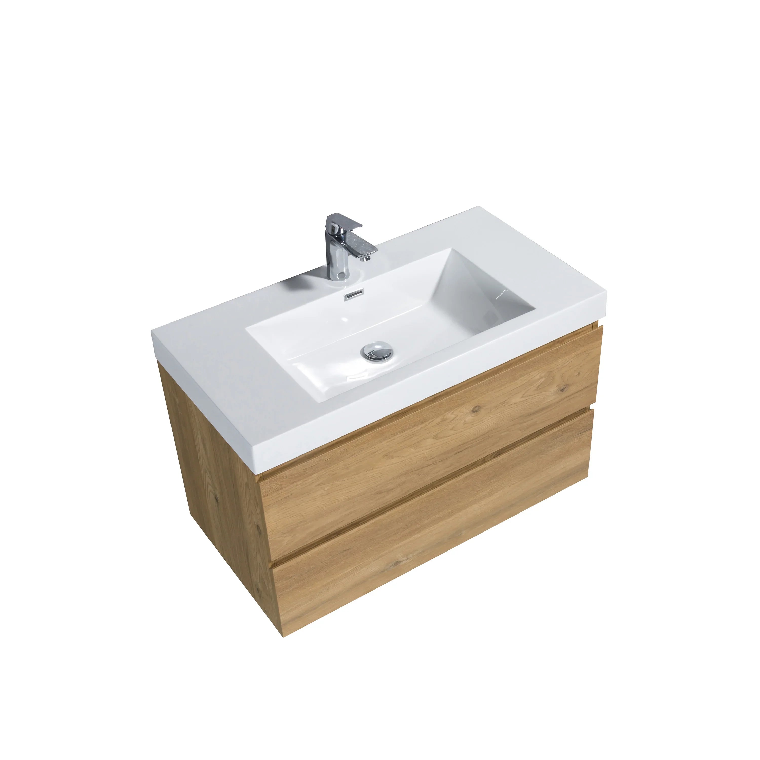 36" Rough Oak Wall Mount Bathroom Vanity with White Polymarble Countertop