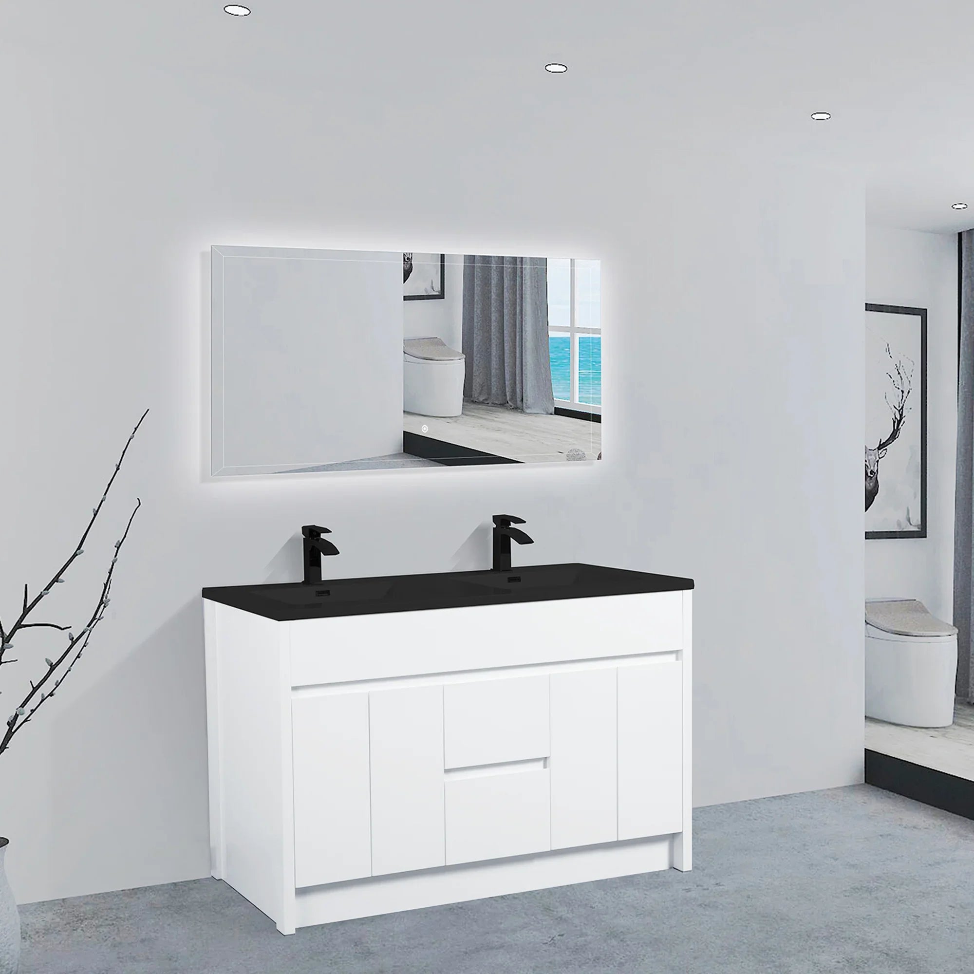 60" Matte White Freestanding Double Sink Bathroom Vanity with Black Engineered Quartz Countertop
