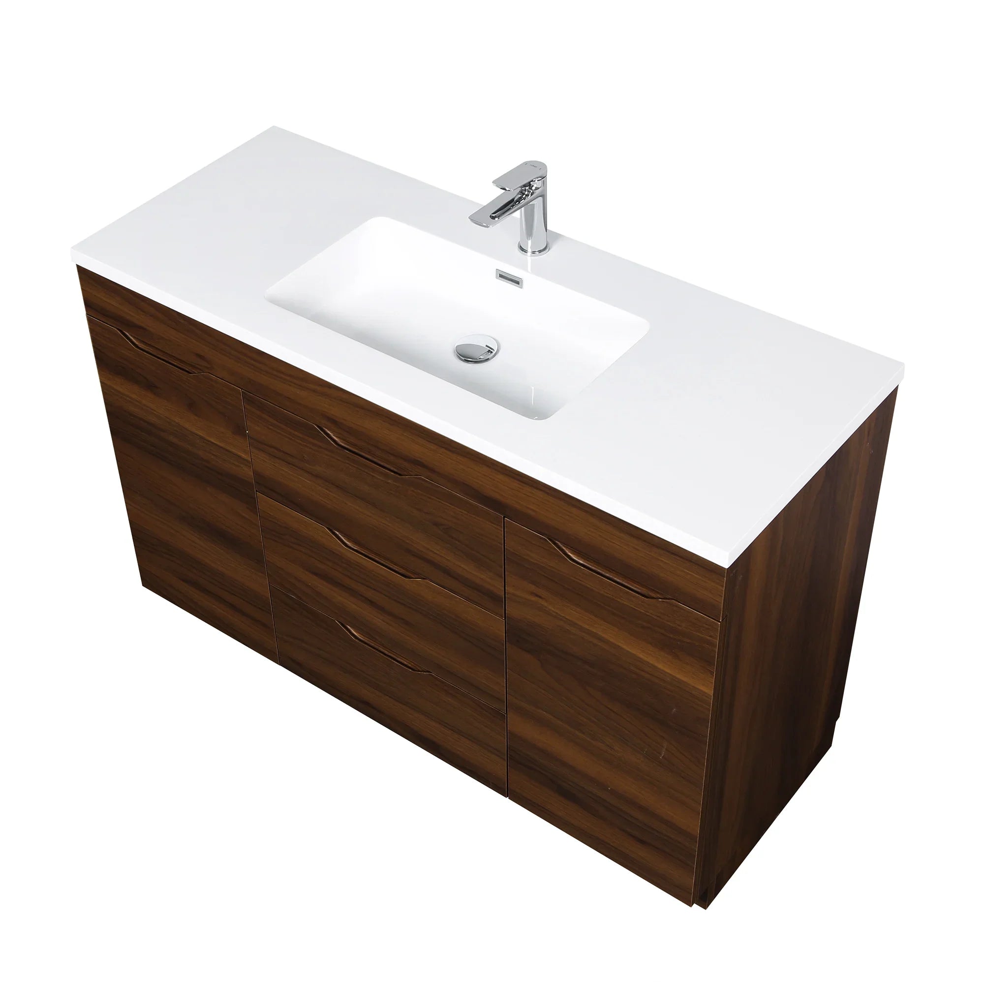 48" Walnut Freestanding Bathroom Vanity with White Polymarble Countertop