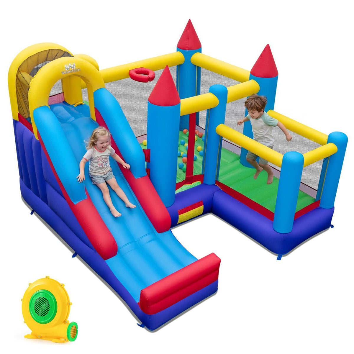 Château gonflable 4-en-1 avec toboggan, mur d'escalade et soufflerie