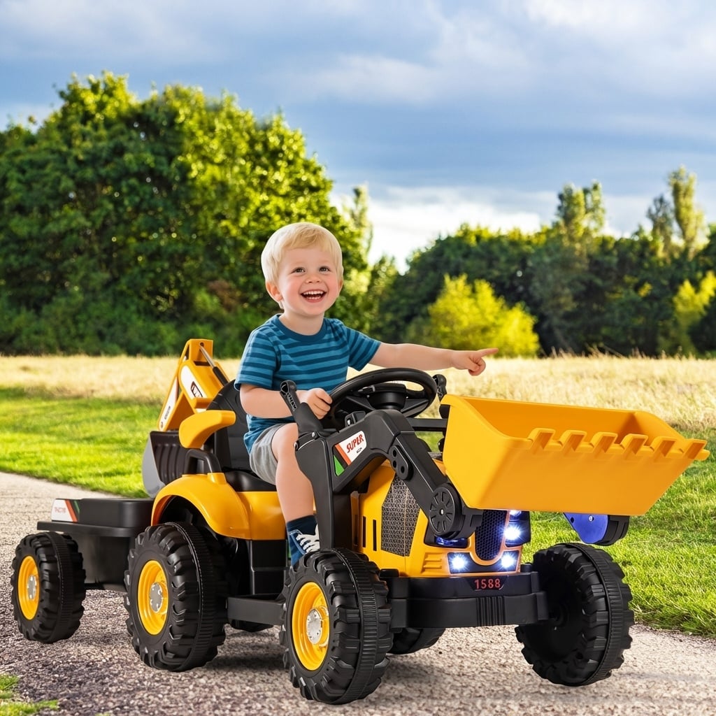 4-in-1 Kids Ride on Tractor 12V Excavator Bulldozer with Remote Control-Yellow