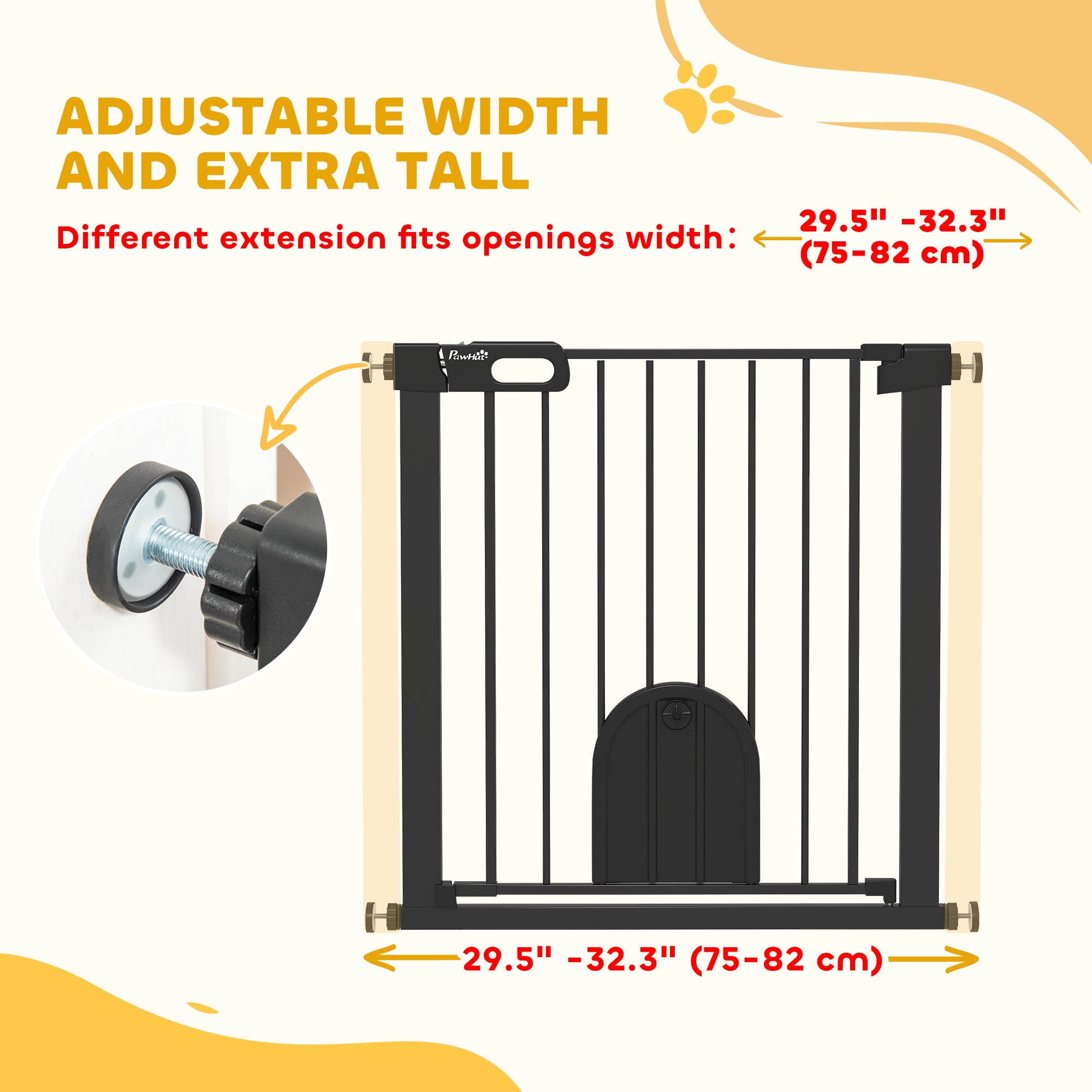 30"-32" Extra Wide Pet Gate Barrier with Small Door, 30"H Dog Gate with Safety Gate Barrier, Stair Pressure Fit, Black