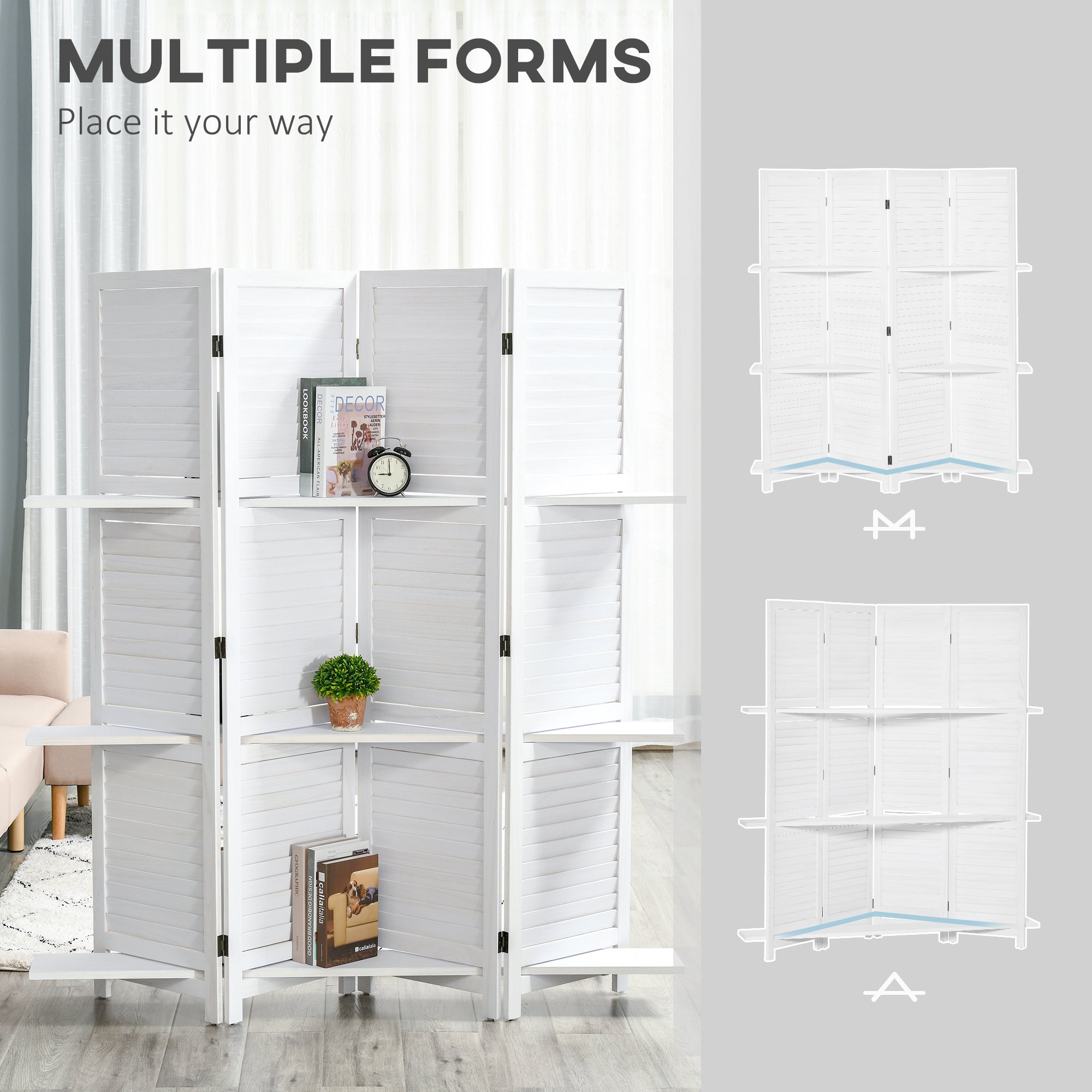 Séparateur de pièce mural à 4 panneaux avec 3 étagères de rangement, design pliable, cadre en bois, 5,6 pieds, blanc