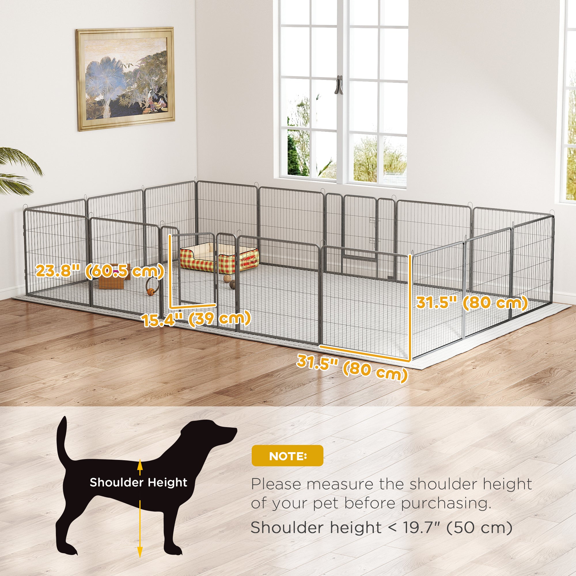 Parc de jeu robuste pour animaux, clôture en acier pour chiens composée de 16 panneaux, parc d’exercice pour chiots avec 2 portes à loquet verrouillable, hauteur de 31,5"