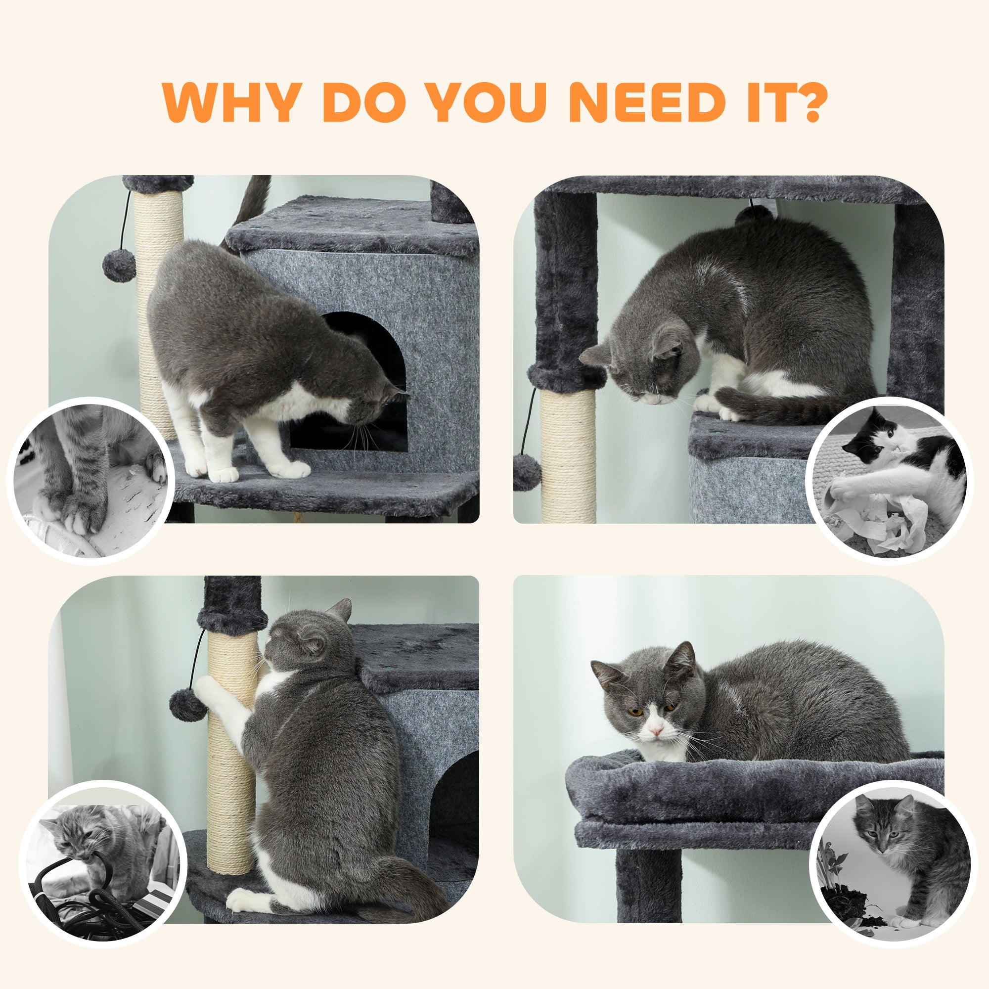52 Inch Cat Tree with Scratching Posts, Cat Bed, Condo, Grooming Brush, Jumping Platforms, Toy Balls, Anti-tip Kit