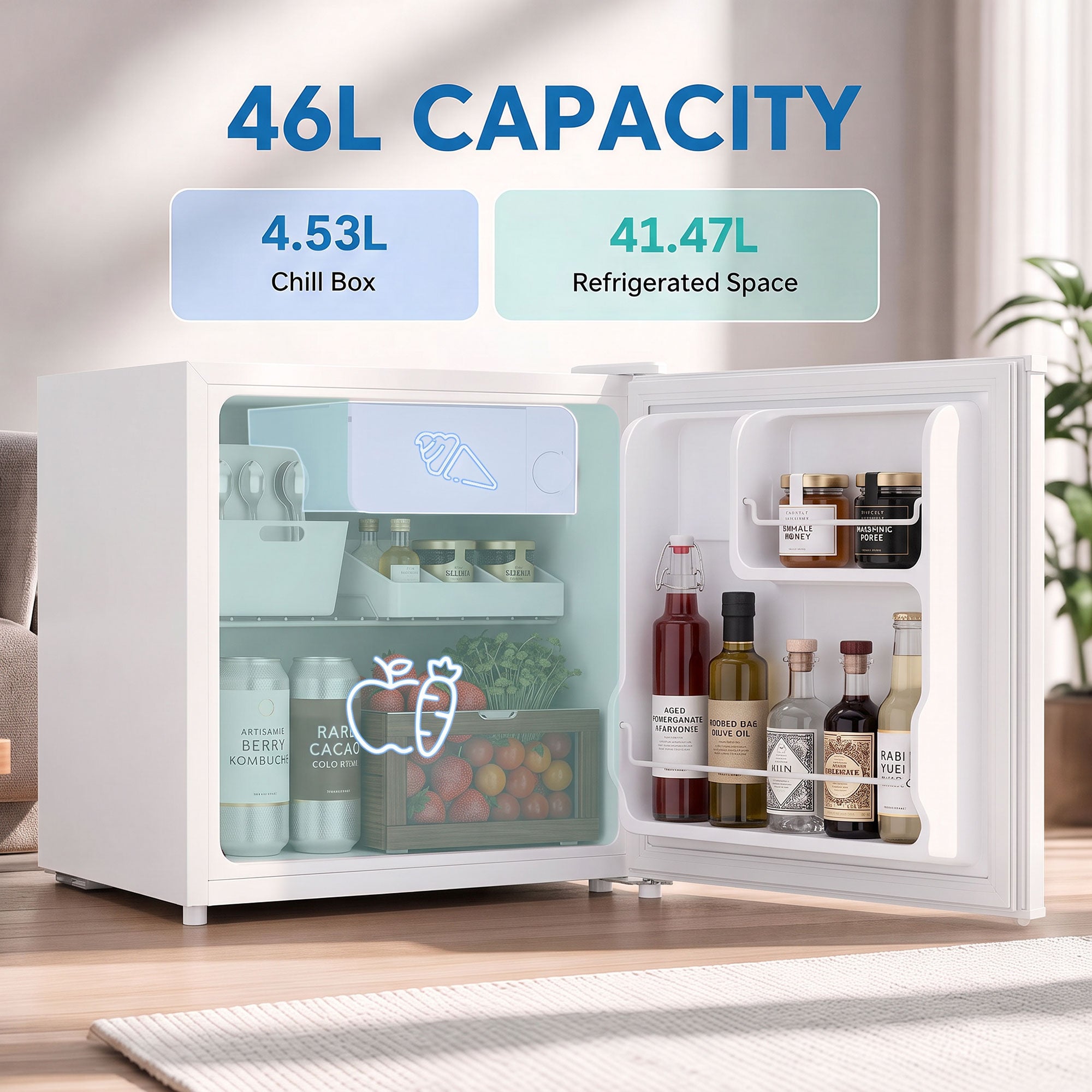Réfrigérateur mini-bar compact à porte simple de 1,62 pi³, avec compartiment congélateur, thermostat réglable, blanc