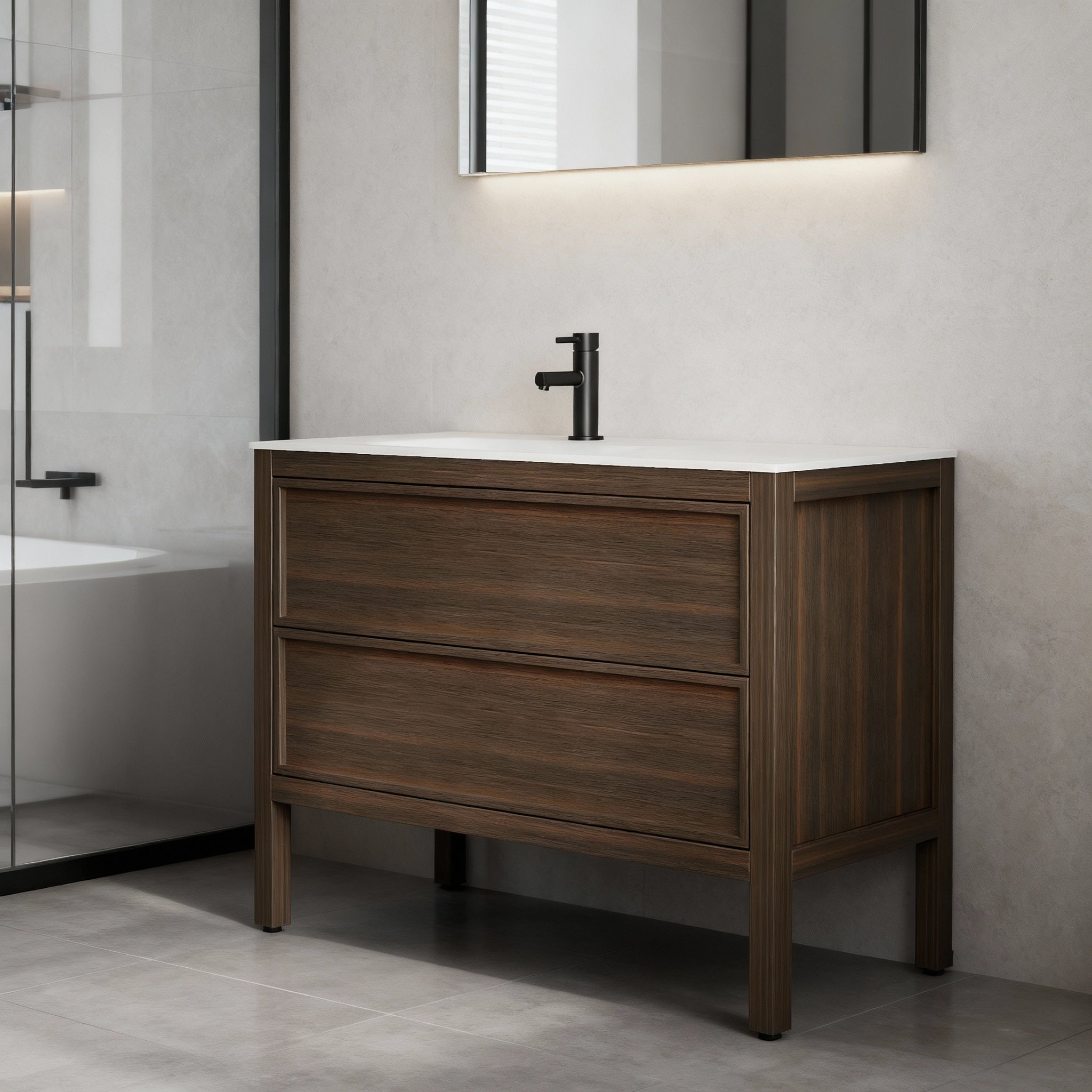 48" Smoked Oak Freestanding Single Sink Bathroom Vanity with White Solid Surface Countertop