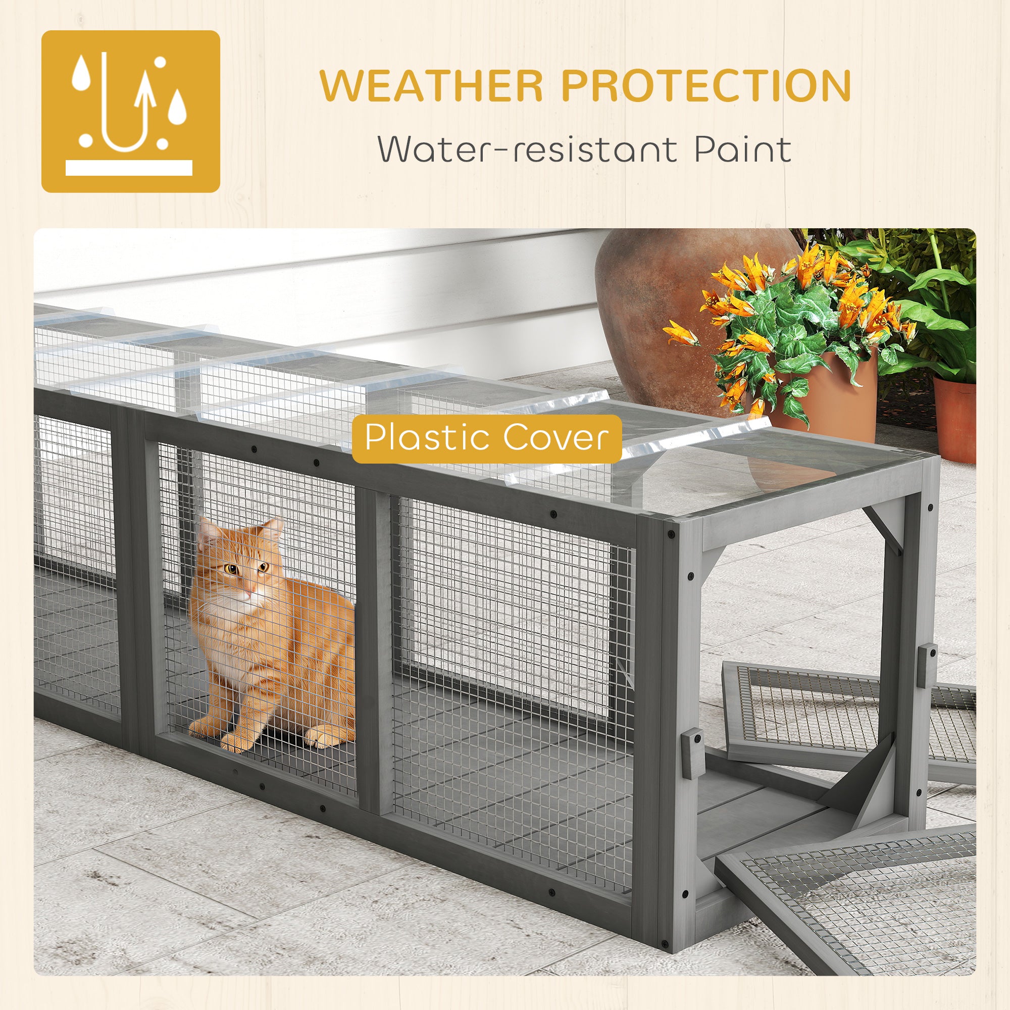 Outdoor Cat Tunnel, Wooden Play Cat Enclosure, Extendable Pet Run with 3 Doors, for Indoor and Outdoor Use, Grey