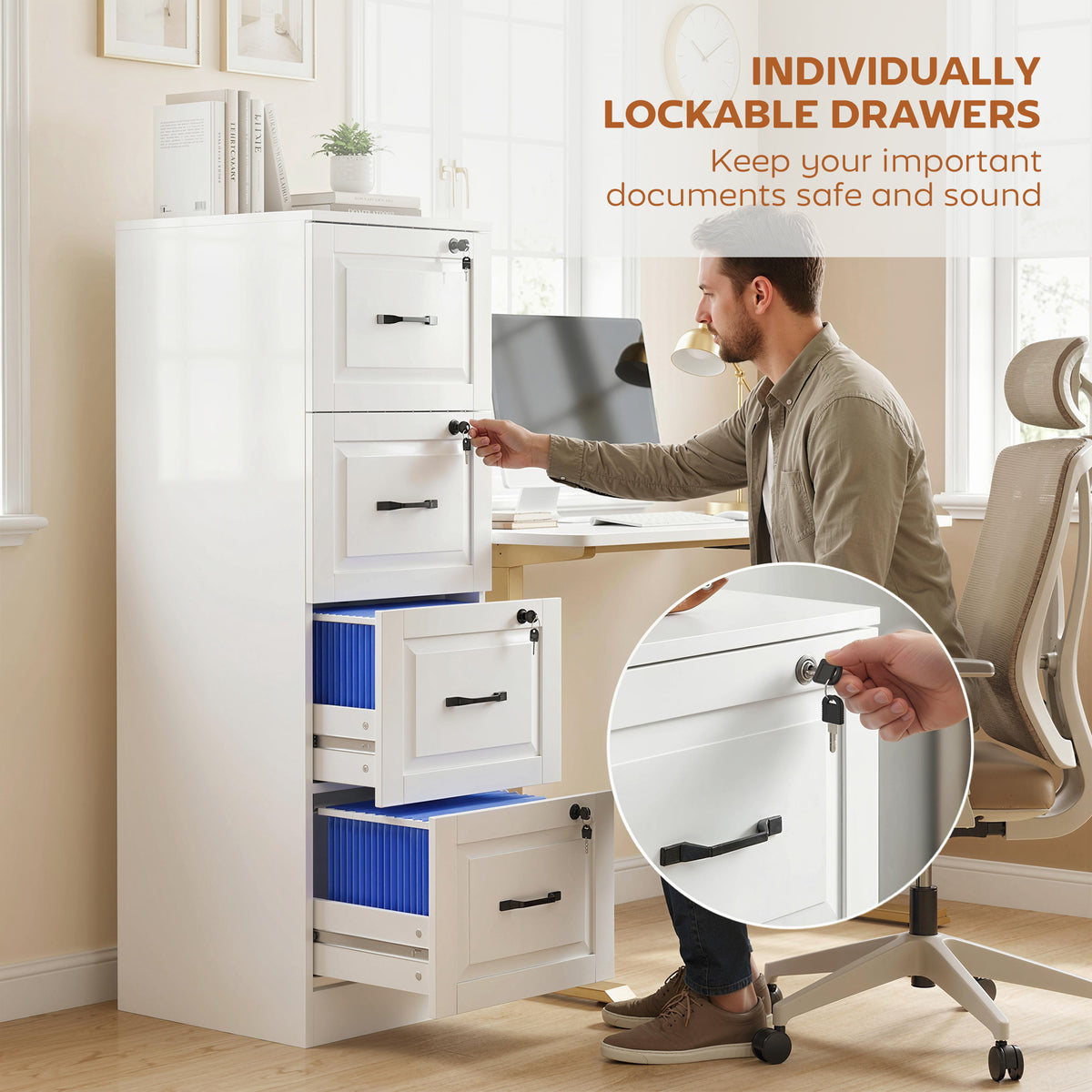 4-Drawer Vertical File Cabinet with Lock - White MDF 52" H