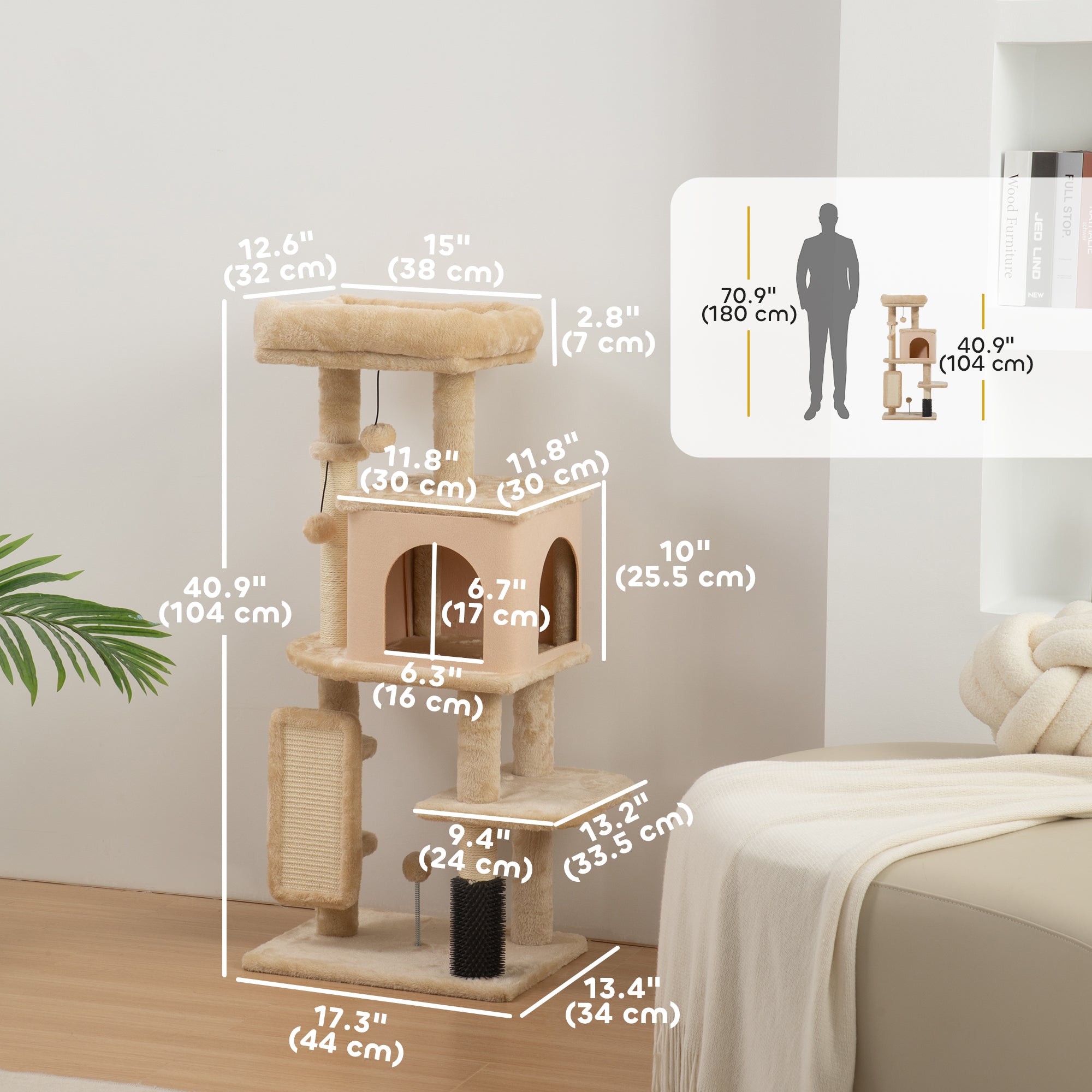 41 Inch Cat Tree with Scratching Posts, Cat Bed, Condo, Grooming Brush, Jumping Platforms, Toy Balls, Anti-tip Kit