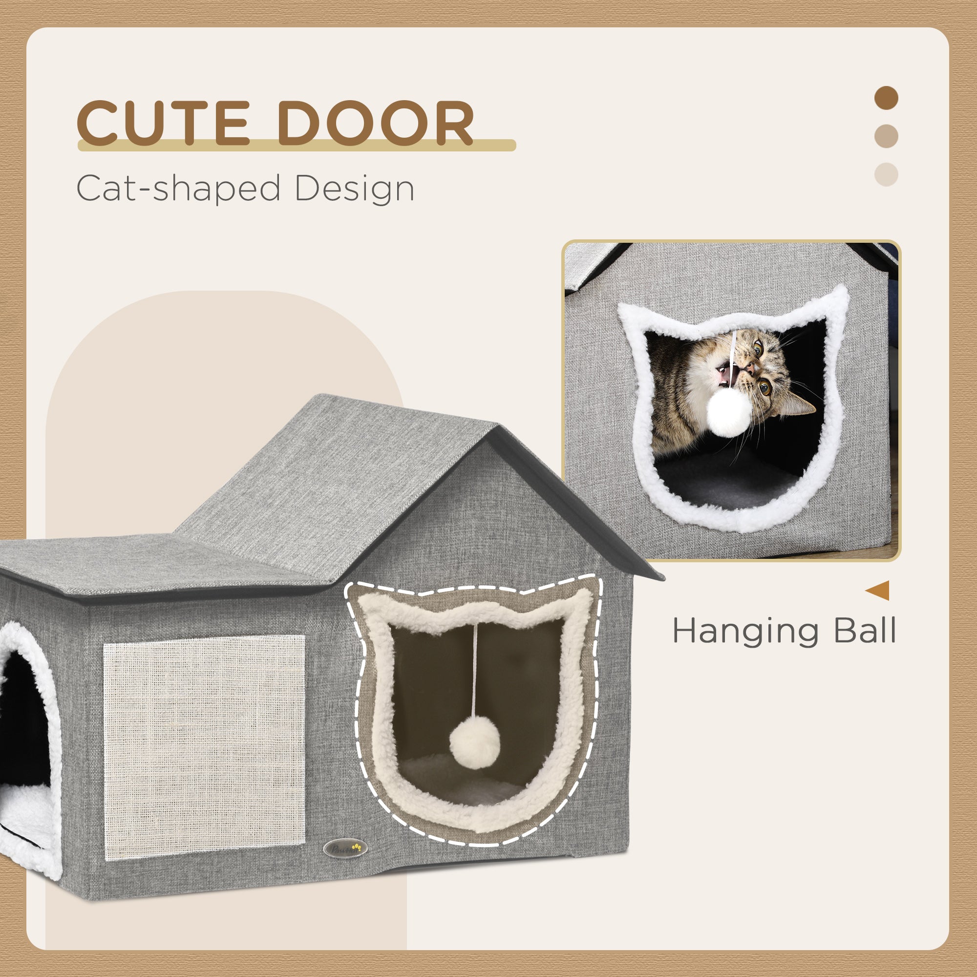 Large Cat Bed for Indoor, Cat House Hideaway with Soft Cushion, Scratching Pad, Dangling Ball, Dual Entrances, Grey