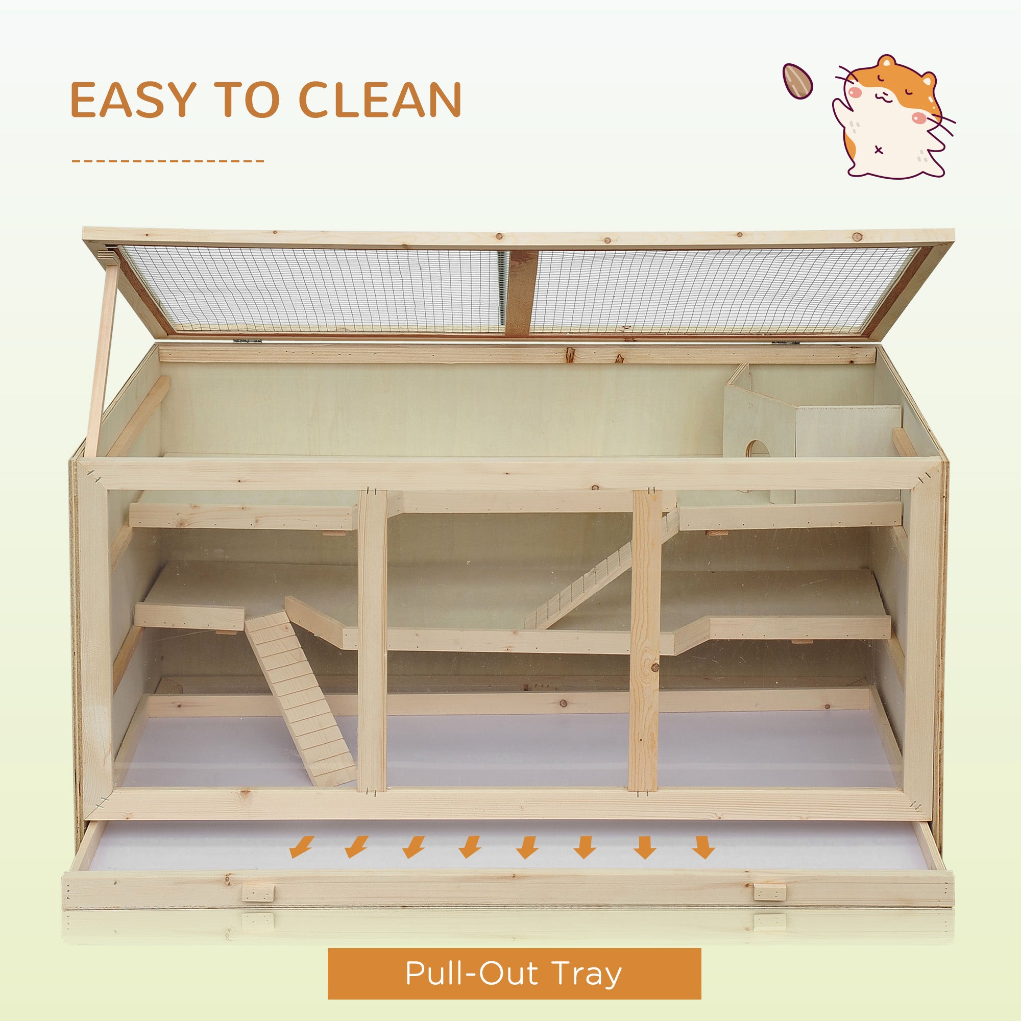 Wooden Hamster Cage Rat Cage with Slide, Tray, Natural Wood