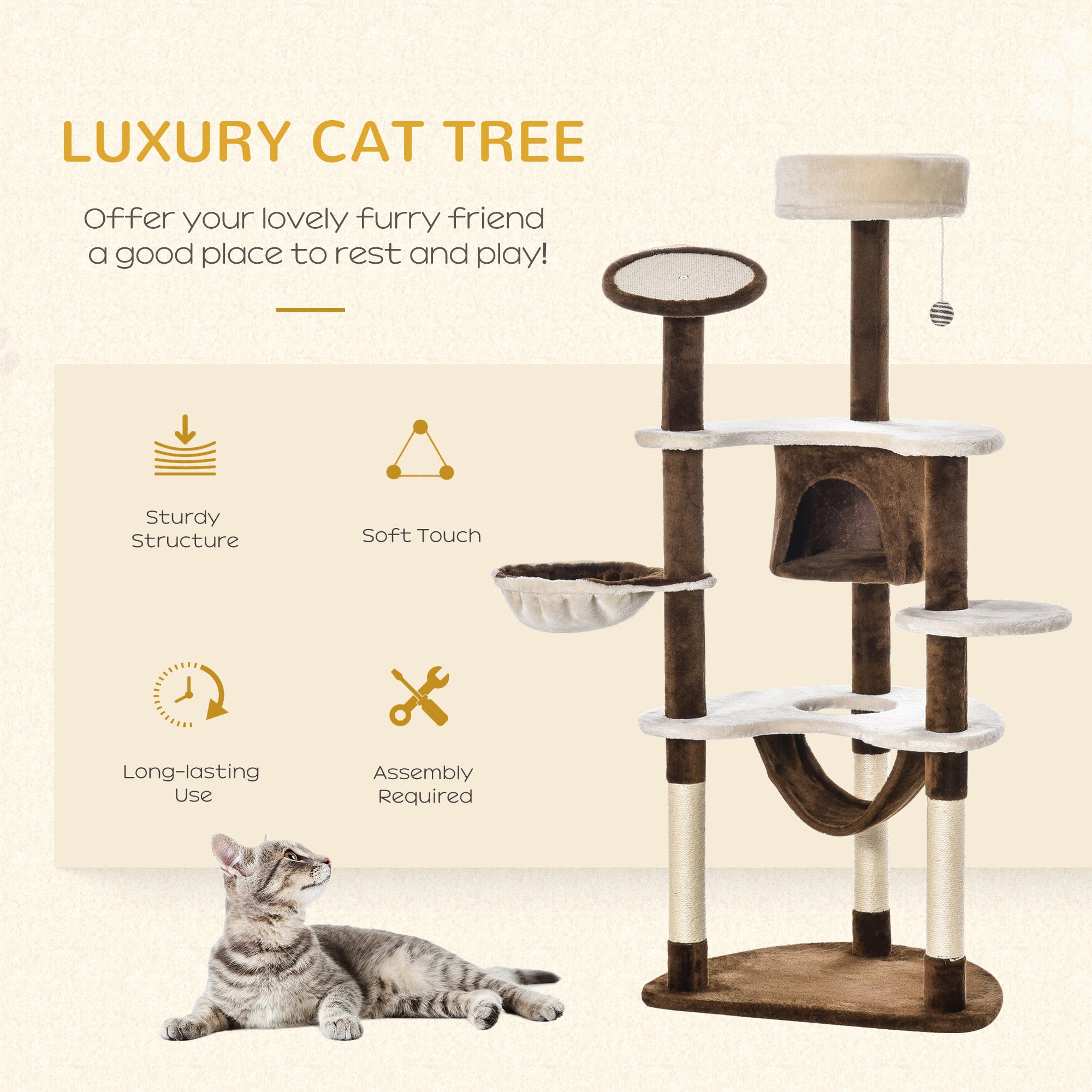 Arbre à griffer pour chat de 60", condo avec couchage, poteau, maison, meubles et jouets pour animaux – marron et beige