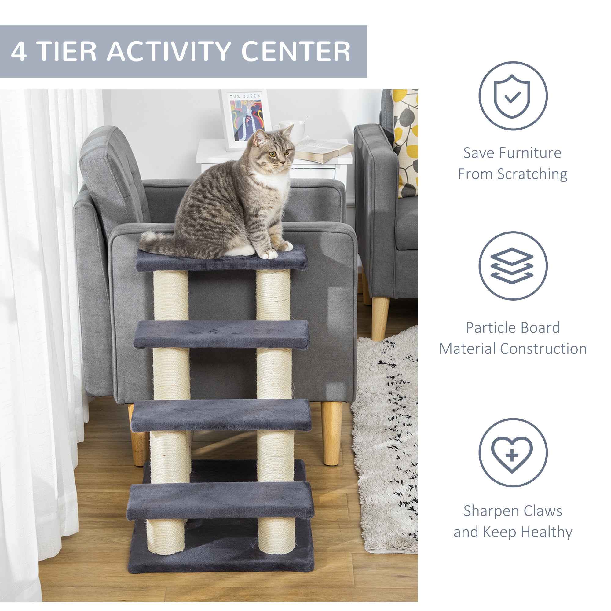 Arbre à chat à 4 niveaux, escalier pour animaux, 4 marches pour chiens et chats, poteau à griffer pour chatons, meuble à griffer pour chats, gris foncé