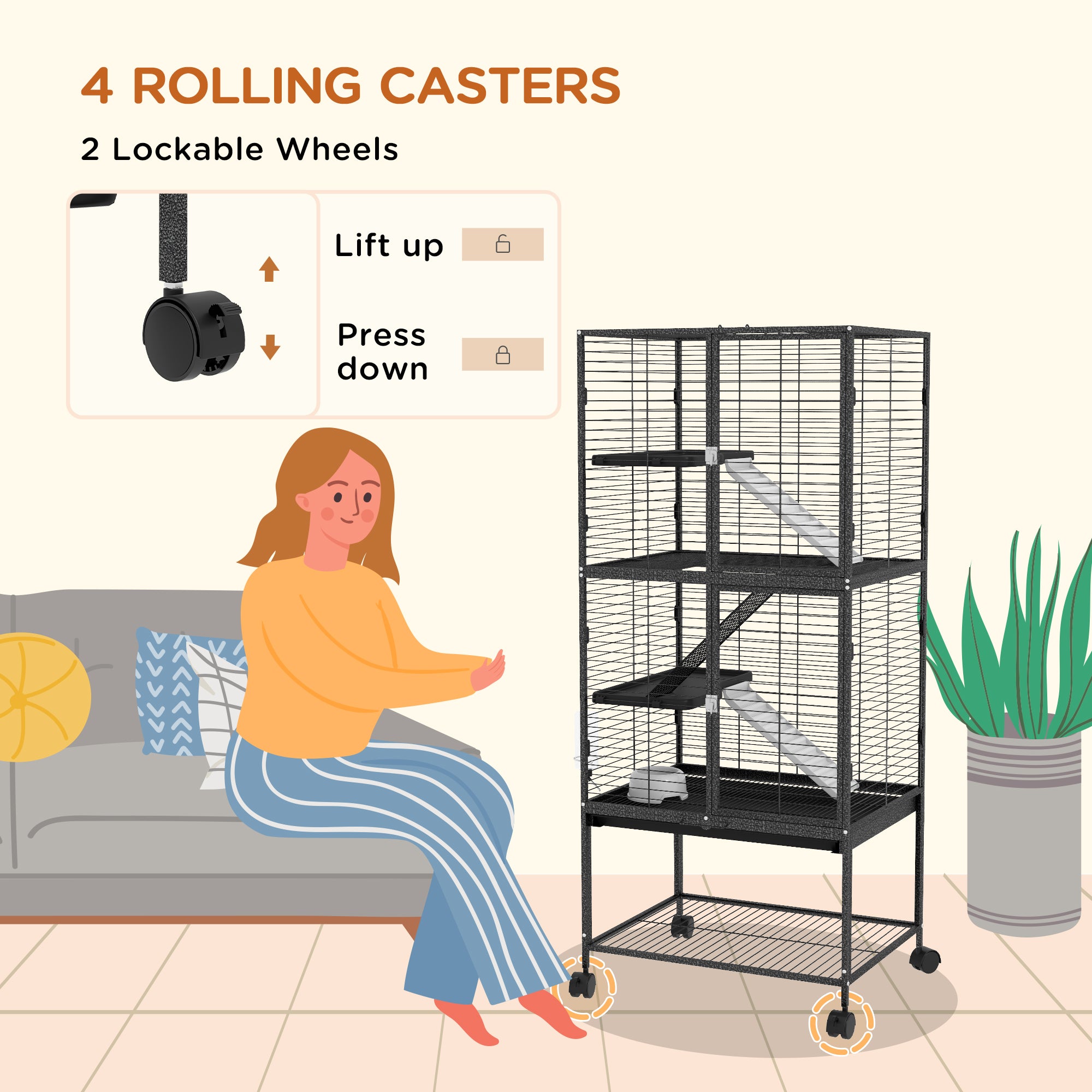 Rolling Small Animal Cage 53.5"H Chinchilla Cage for Ferrets, Squirrels w/ Removable Tray, Storage Shelf, Dark Grey