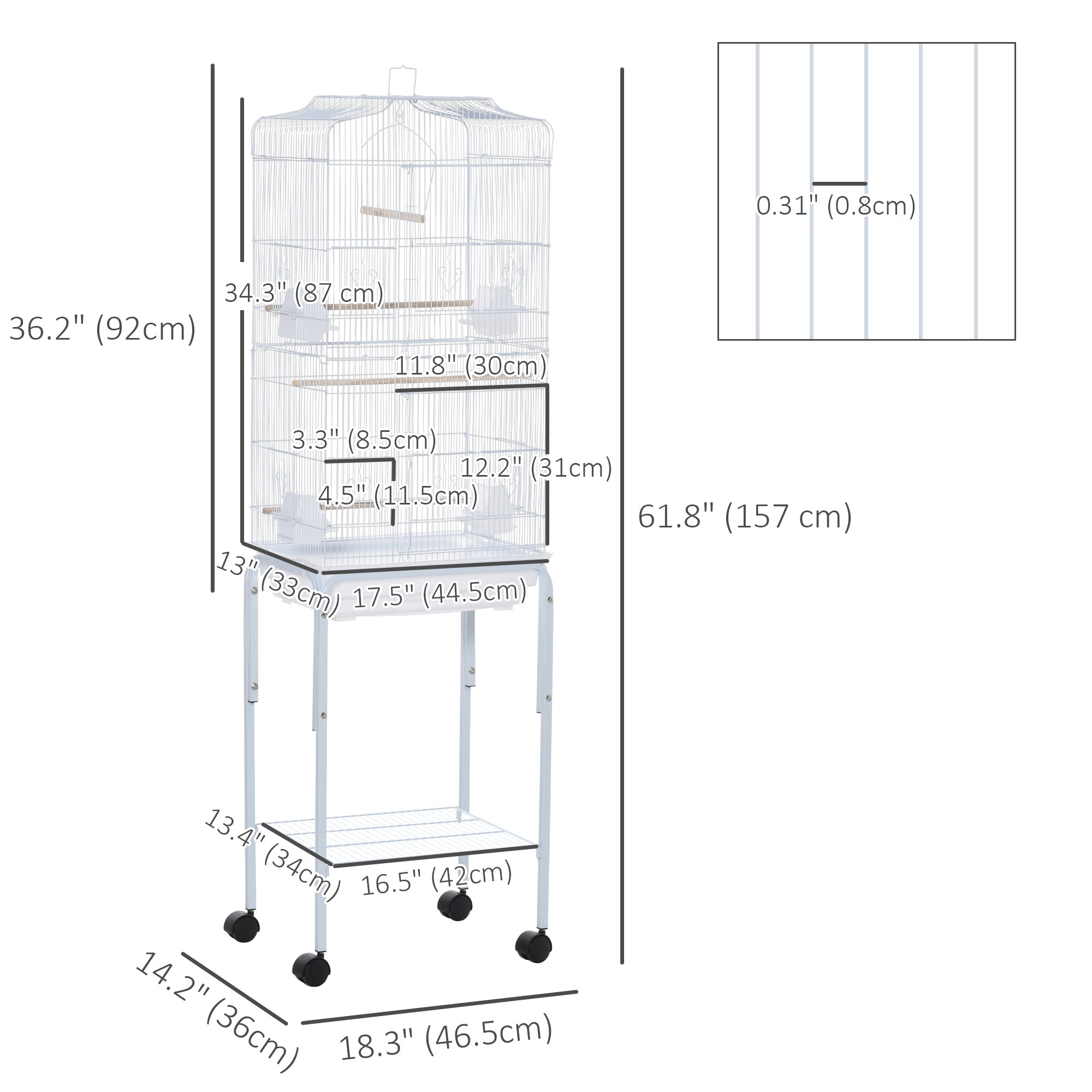 62" Rolling Bird Cage Cockatoo House Play Top Finch Pet Supply with Storage Shelf, Wheels - White
