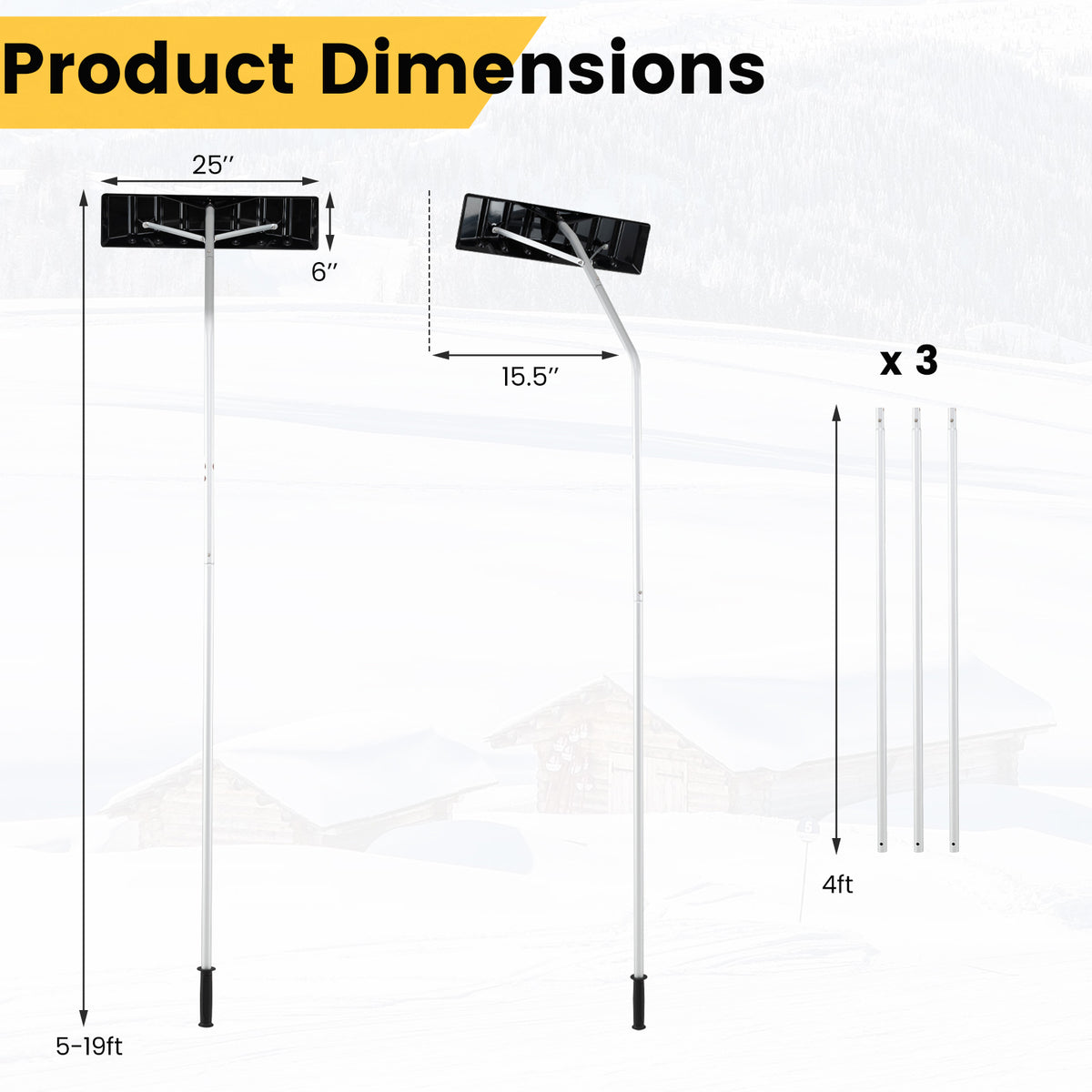 5-19 Feet Extendable Aluminum Snow Removal Tool with 6-section Tubes-Snow Removal-DECOROLALA