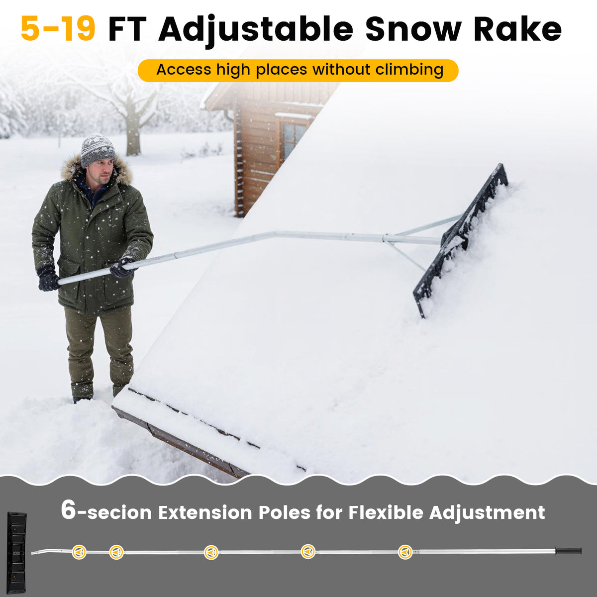 5-19 Feet Extendable Aluminum Snow Removal Tool with 6-section Tubes-Snow Removal-DECOROLALA