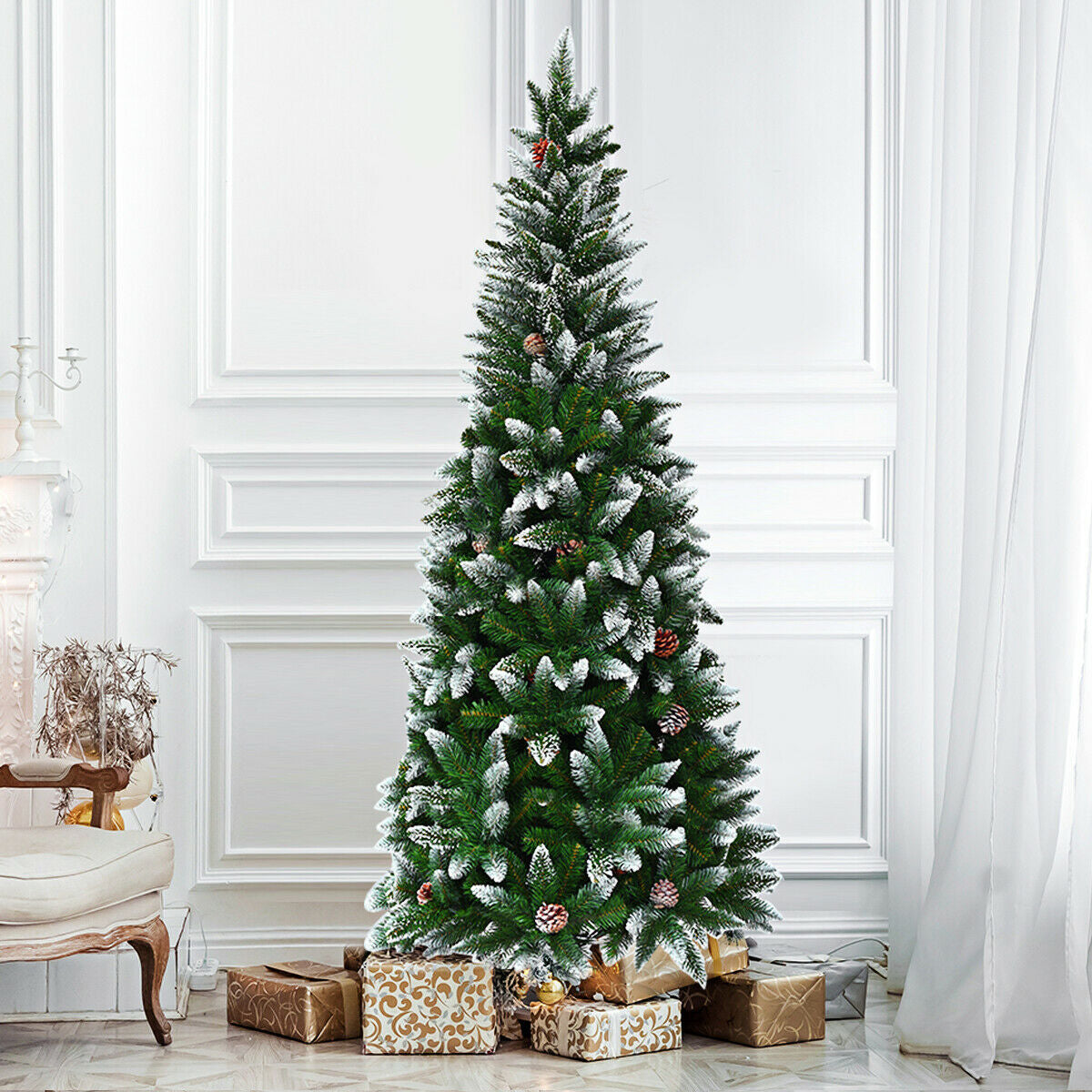 5 / 6 / 7.5 Feet Artificial Pencil Christmas Tree with Pine Cones-Christmas Trees-DECOROLALA