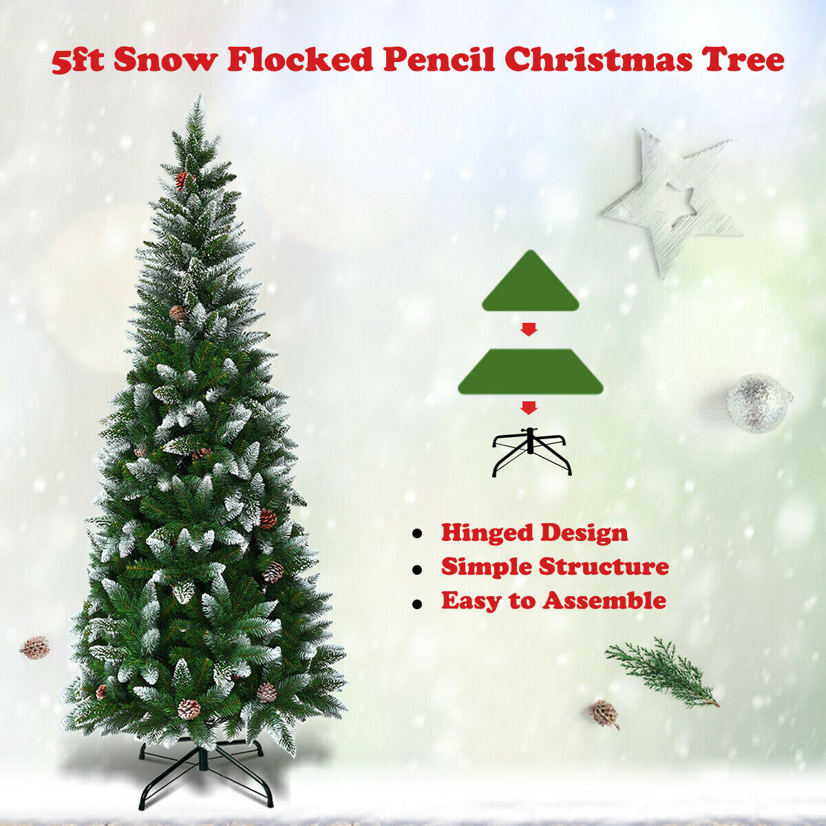5 / 6 / 7.5 Feet Artificial Pencil Christmas Tree with Pine Cones-Christmas Trees-DECOROLALA