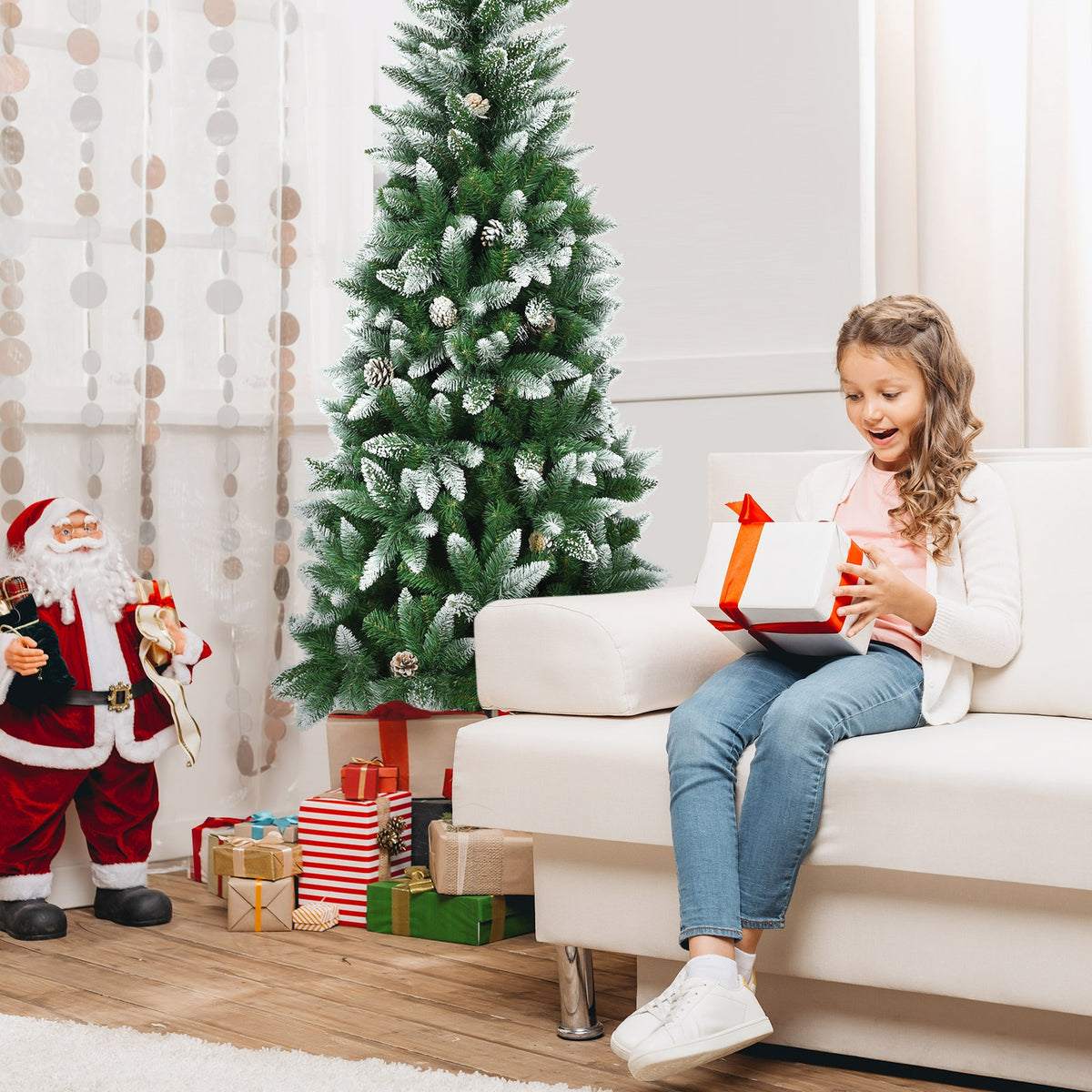 5 / 6 / 7.5 Feet Artificial Pencil Christmas Tree with Pine Cones-Christmas Trees-DECOROLALA