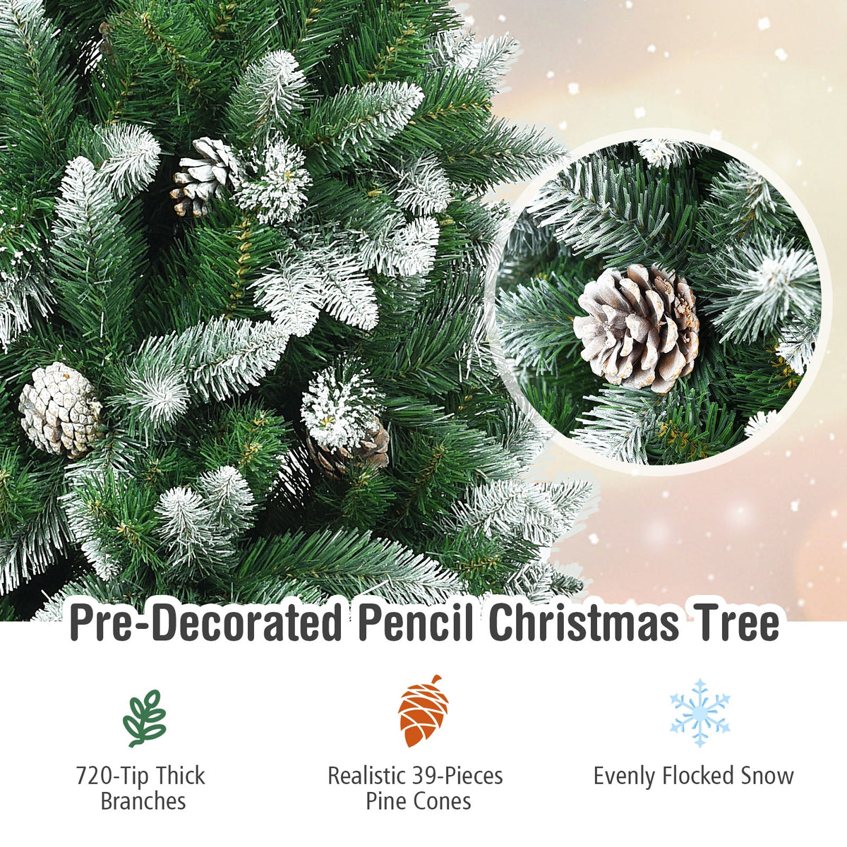 5 / 6 / 7.5 Feet Artificial Pencil Christmas Tree with Pine Cones-Christmas Trees-DECOROLALA
