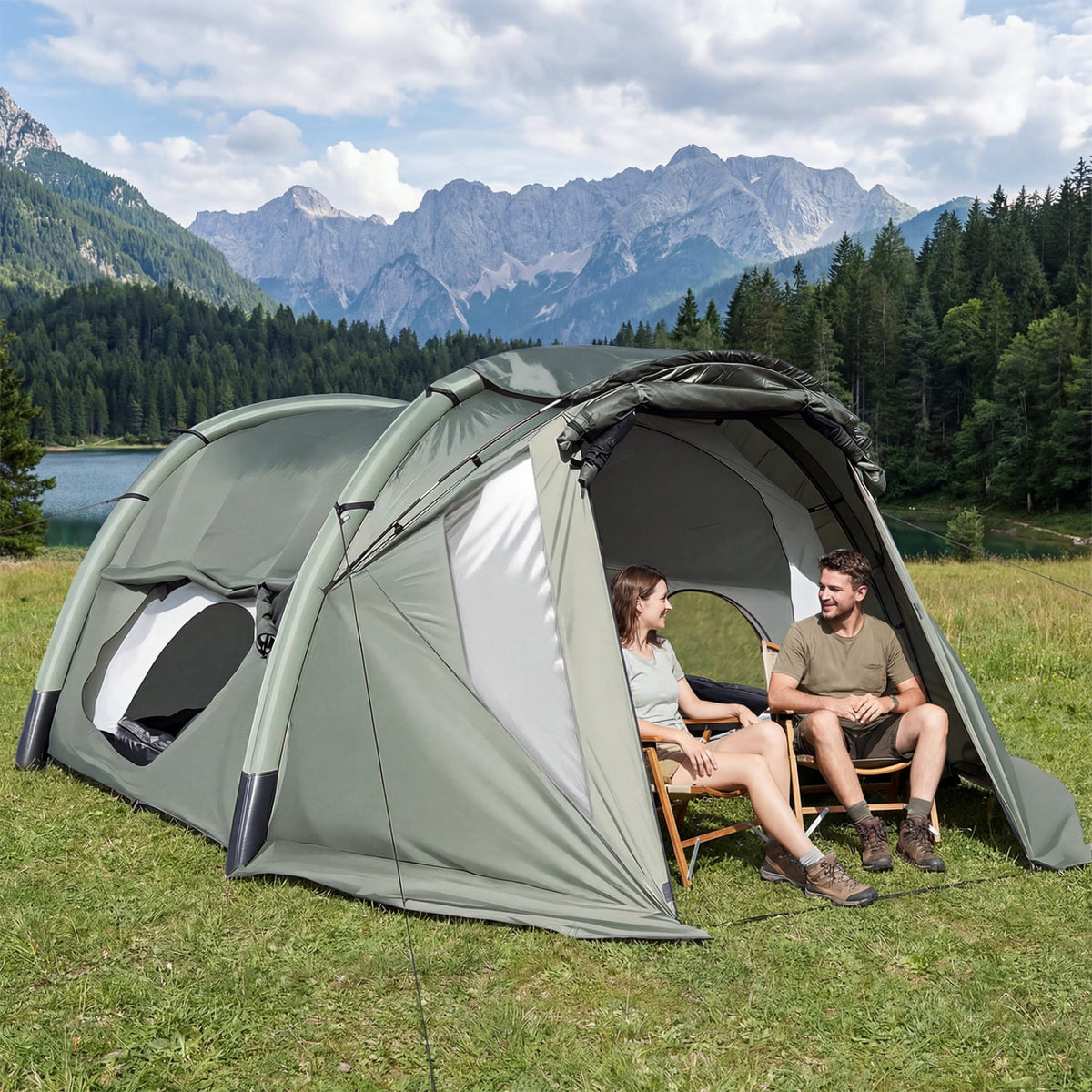 5-7 Person Inflatable Camping Tent with Screened Porch-Green-Tents-DECOROLALA