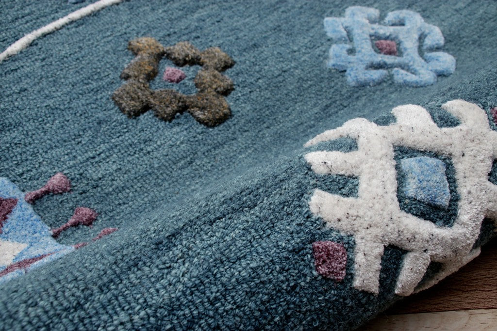 5' Blue Round Wool Hand Hooked Handmade Area Rug-Area Rugs-DECOROLALA