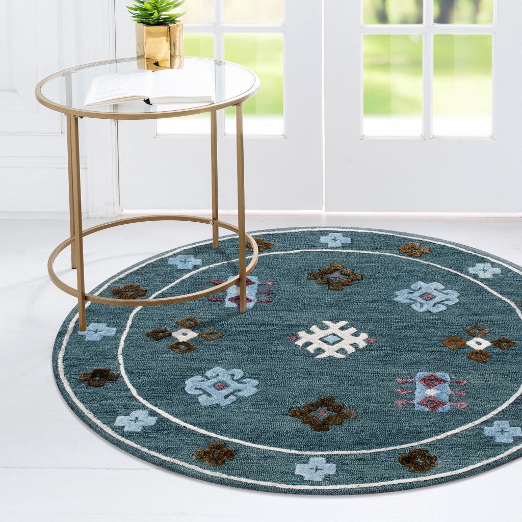 5' Blue Round Wool Hand Hooked Handmade Area Rug-Area Rugs-DECOROLALA