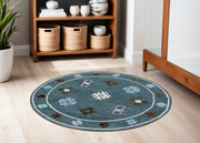 5' Blue Round Wool Hand Hooked Handmade Area Rug-Area Rugs-DECOROLALA