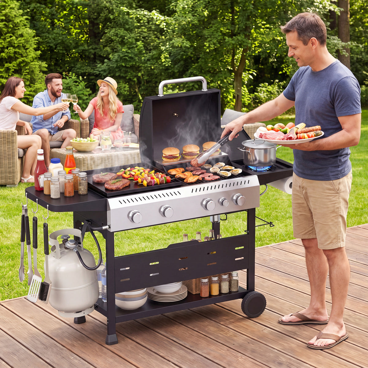 5-Burner Propane Gas Grill and Griddle Combo with Side Burner-Black-Outdoor Grills-DECOROLALA
