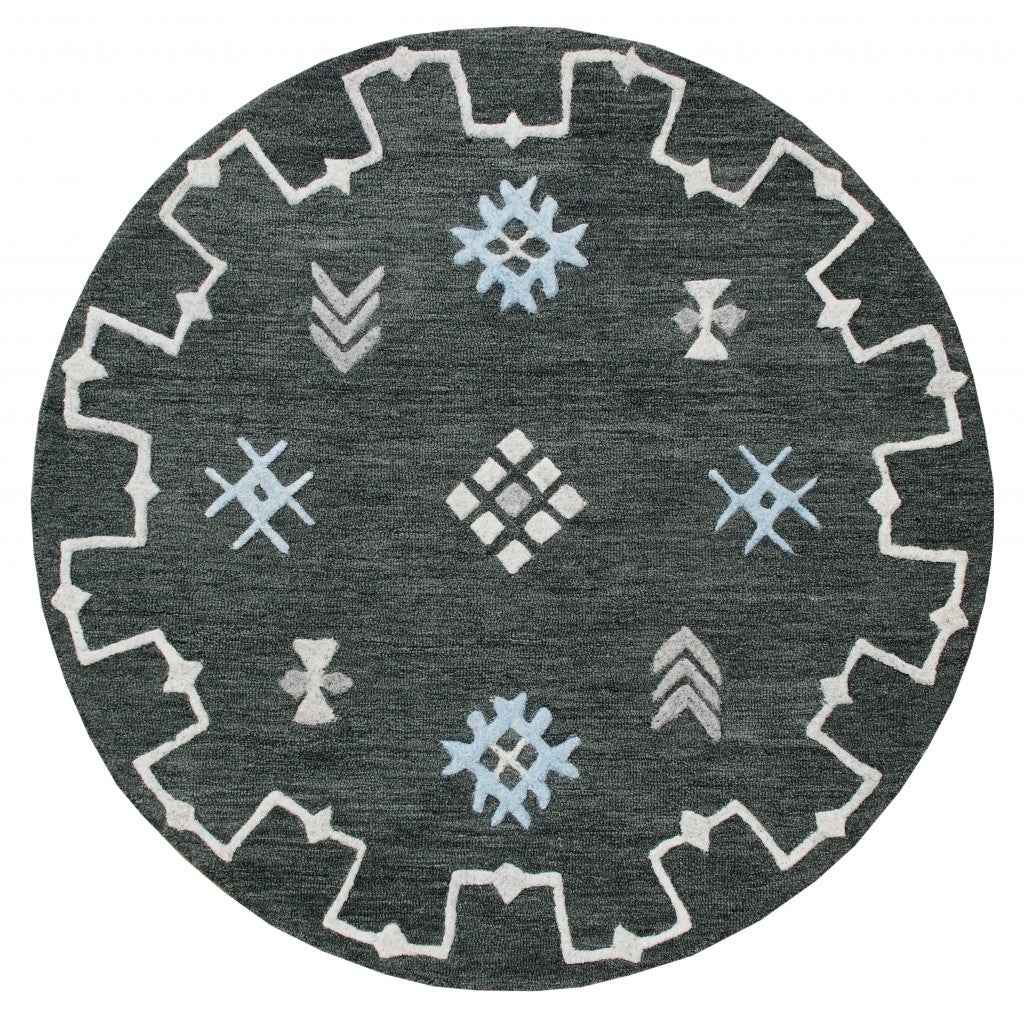 5' Charcoal Round Wool Hand Hooked Handmade Area Rug-Area Rugs-DECOROLALA