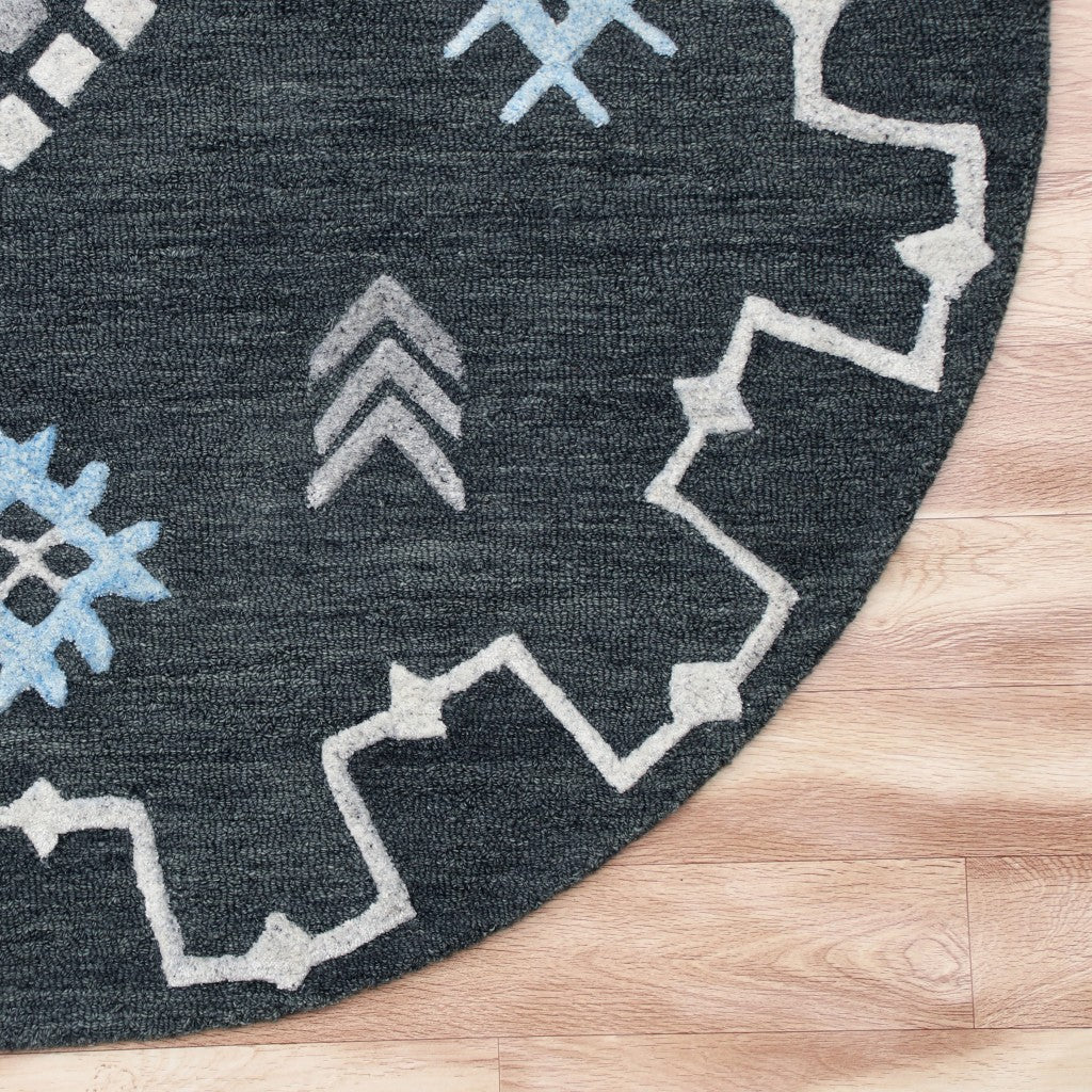 5' Charcoal Round Wool Hand Hooked Handmade Area Rug-Area Rugs-DECOROLALA