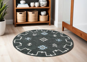 5' Charcoal Round Wool Hand Hooked Handmade Area Rug-Area Rugs-DECOROLALA