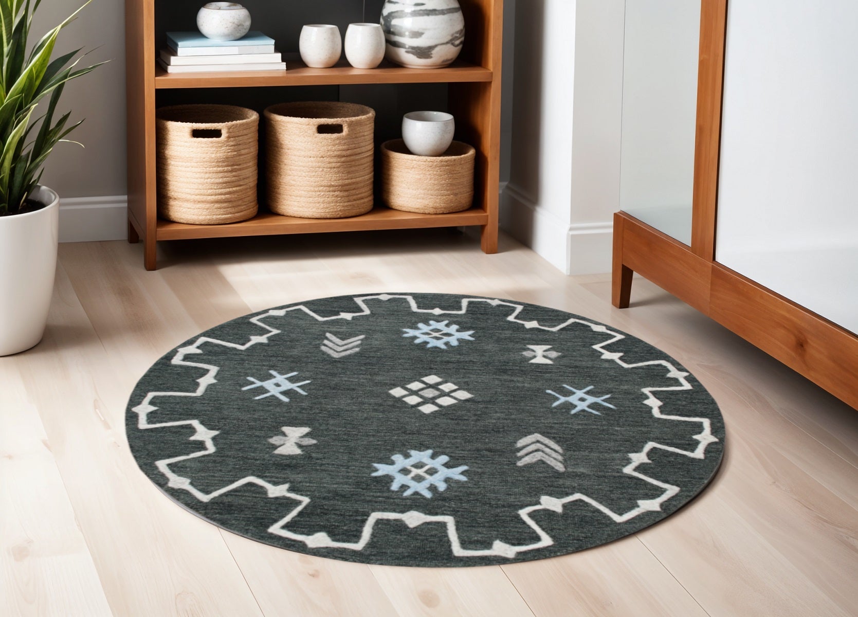 5' Charcoal Round Wool Hand Hooked Handmade Area Rug-Area Rugs-DECOROLALA
