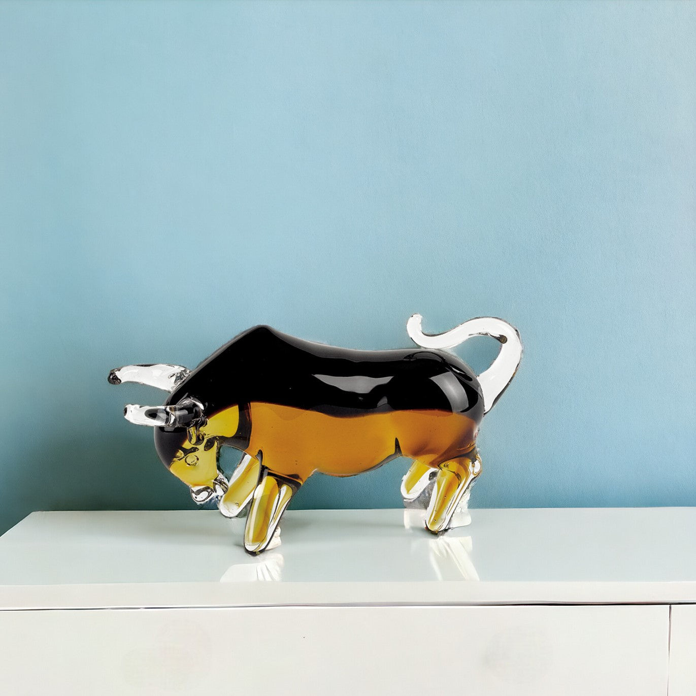 5" Clear Brown and Black Murano Glass Bull Figurine Tabletop Sculpture-Sculptures-DECOROLALA