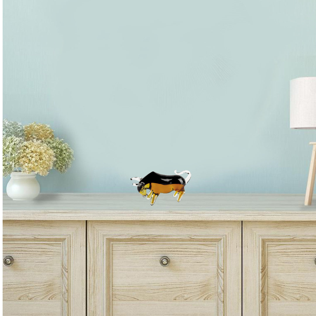 5" Clear Brown and Black Murano Glass Bull Figurine Tabletop Sculpture-Sculptures-DECOROLALA