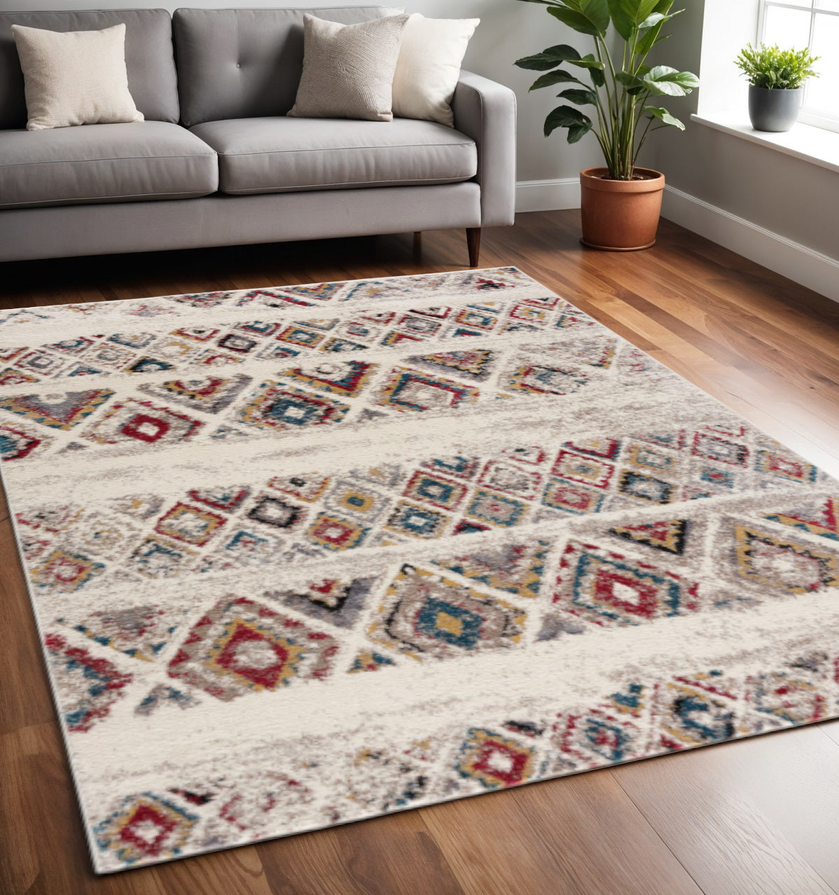 5' Cream Round Southwestern Power Loom Area Rug-Area Rugs-DECOROLALA