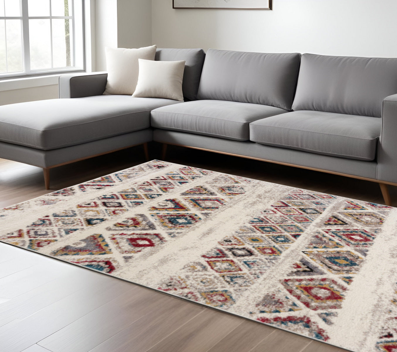 5' Cream Round Southwestern Power Loom Area Rug-Area Rugs-DECOROLALA