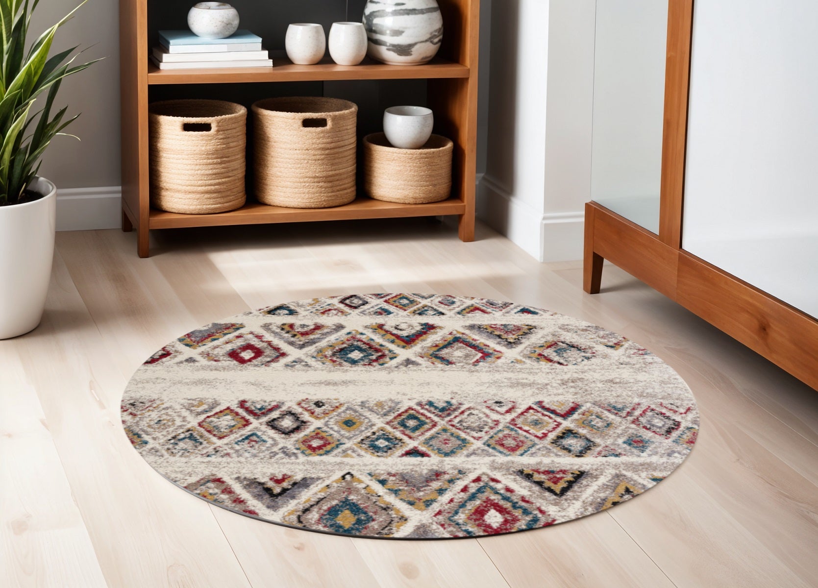 5' Cream Round Southwestern Power Loom Area Rug-Area Rugs-DECOROLALA