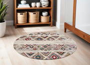 5' Cream Round Southwestern Power Loom Area Rug-Area Rugs-DECOROLALA