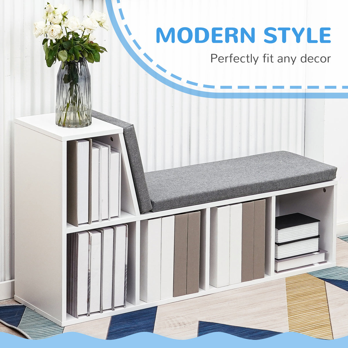 5-Cube Bookcase with Reading Nook Bench - Grey-Home Furnishings > Storage & Organization > Bookshelves & Bookcases > Small Bookshelves-DECOROLALA
