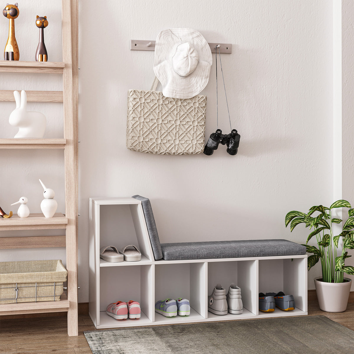 5-Cube Bookcase with Reading Nook Bench - Grey-Home Furnishings > Storage & Organization > Bookshelves & Bookcases > Small Bookshelves-DECOROLALA